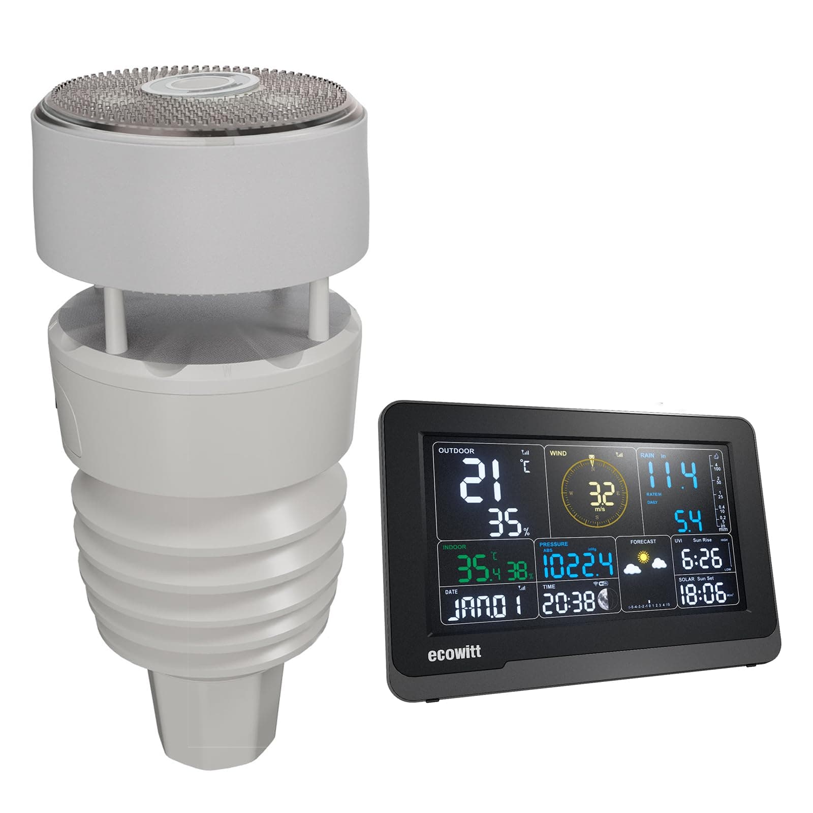 ECOWITT estación meteorológica inalámbrica WS3901, 7 en 1 Jardín Tiempo Unidad al aire libre WS90, 7.5 pulgadas 3 en 1 Wifi Interior LCD Color Consola para el hogar, IOT Smart Control