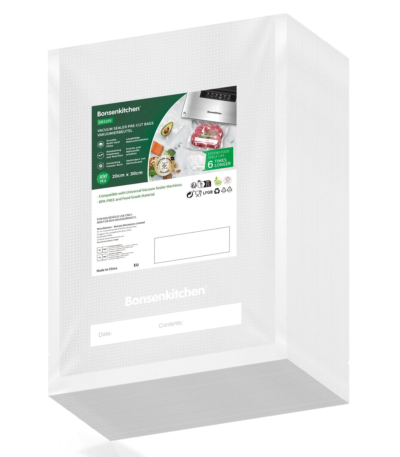 Bonsenkitchen Sacs Sous Vide Alimentaire 100 Sachets 20 x 30 cm pour Machine Sous Vide - Sacs à Faire le Vide d'air Gaufrés pour la Conservation des Aliments et la Cuisson, VB3205