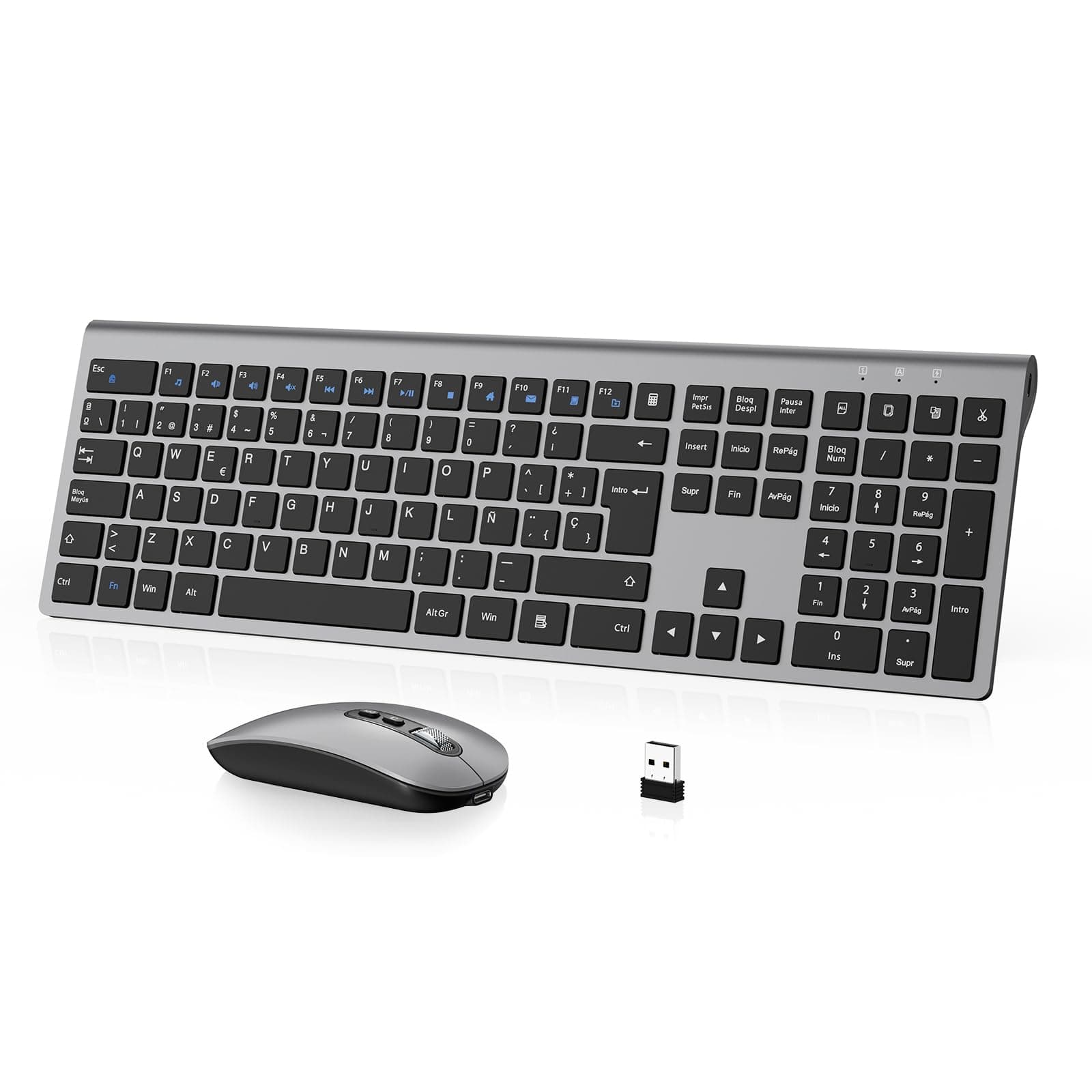 Combo Teclado y Ratón Inalámbrico- cimetech Teclado y ratón Recargable 2.4G, QWERTY Español Layout, Teclado de diseño ergonómico, Ultrafino para Ordenador/PC/portátil/Windows 10/8/7(Gris)