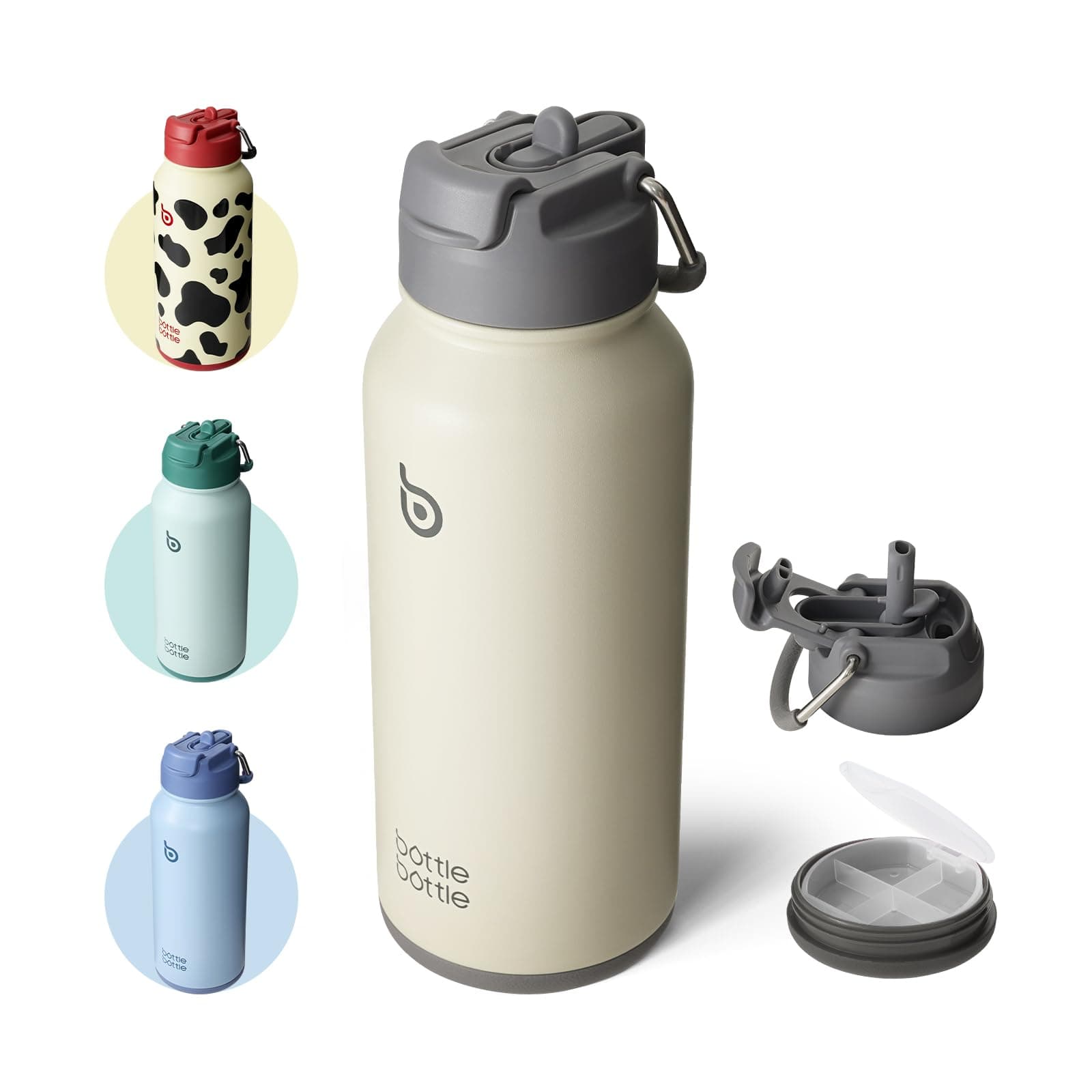 BOTTLE BOTTLE Botella de agua aislada de 32 onzas, botella de agua deportiva de acero inoxidable con pajilla, diseño de tapa de doble uso para gimnasio con pastillero (gris)