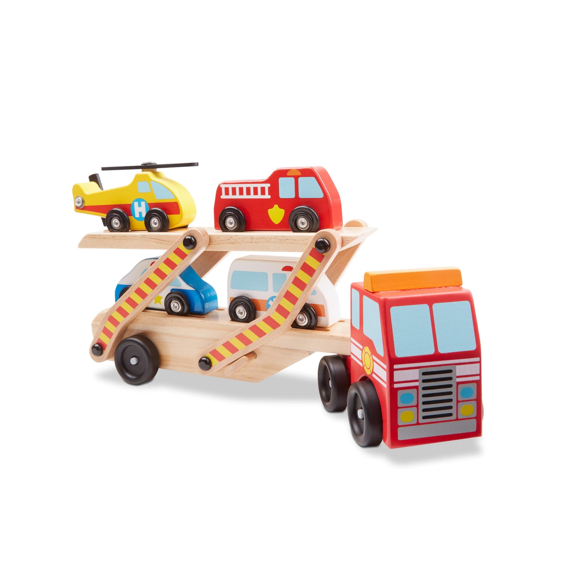 Melissa & Doug - Autotransporter mit Rettungsfahrzeugen, 6-teilig, Spielzeugauto aus Holz, Für Kinder ab 3 Jahren