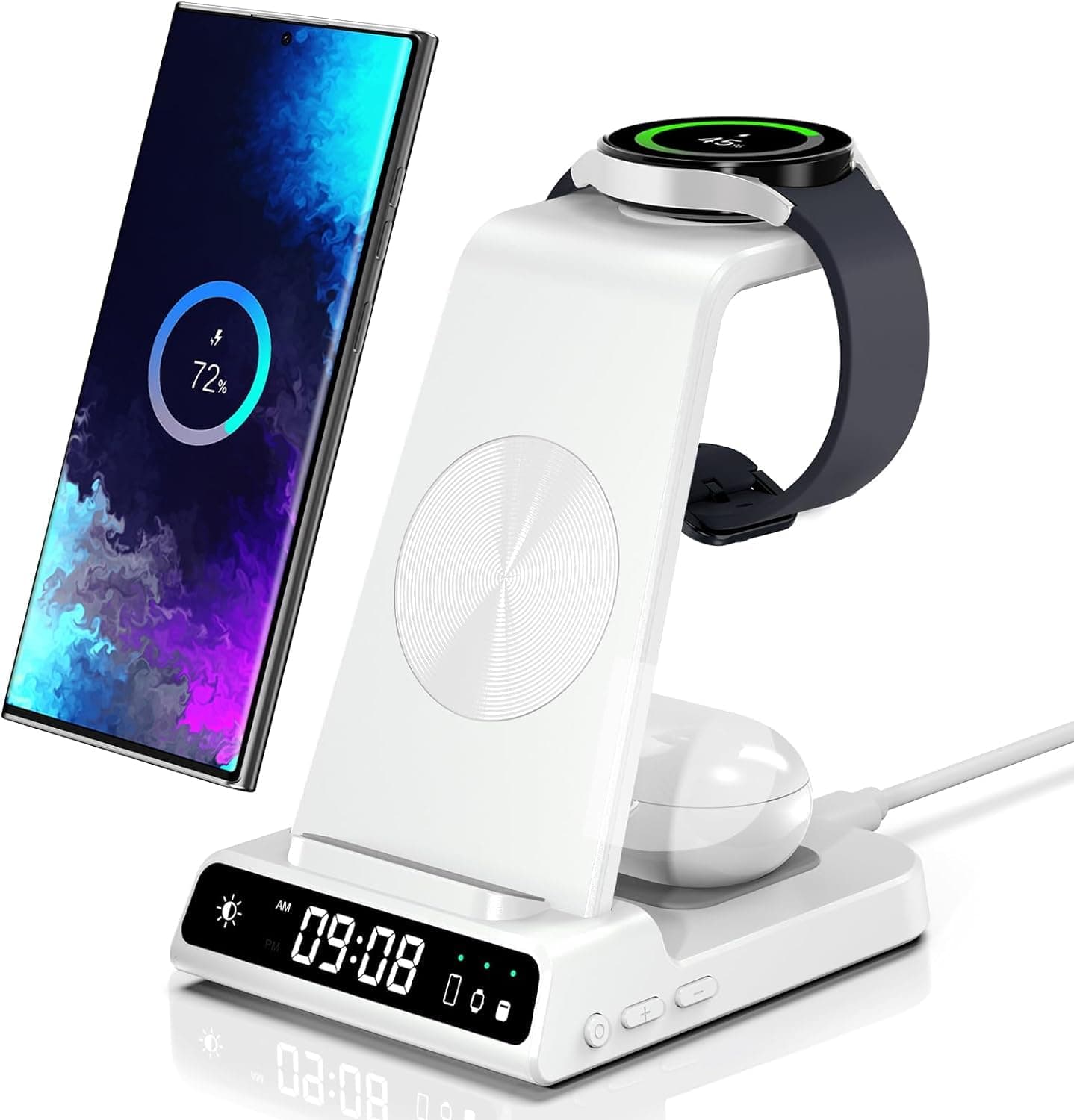 Cargador Inalámbrico para Samsung S25 Ultra, Estación de Carga Inalámbrica 3 en 1 para Galaxy S25/S24/S23/Z Flip 7/Fold 6, Base de Carga para Galaxy Watch 8/8 Classic/Ultra/7/6/5, Galaxy Buds 3/3 Pro