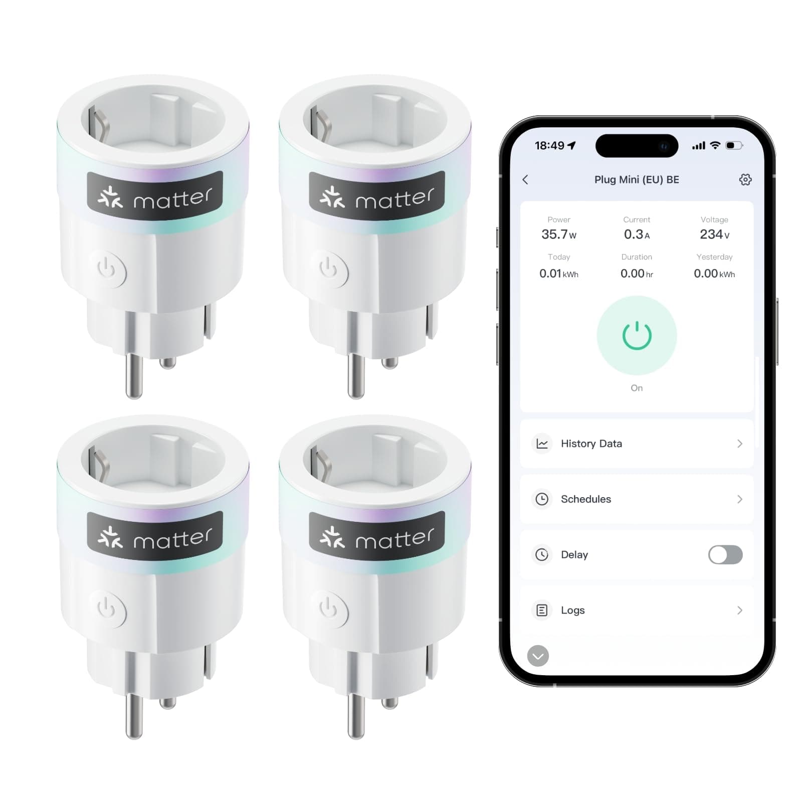 SwitchBot Plug Mini Matter-fähig mit Leistungsüberwachung 4er Pack, WLAN Steckdose, kompatibel mit Alexa, Google Home, Apple Home und Home Assistant (über Matter), Sprach- & App-Steuerung, 16A Type-F