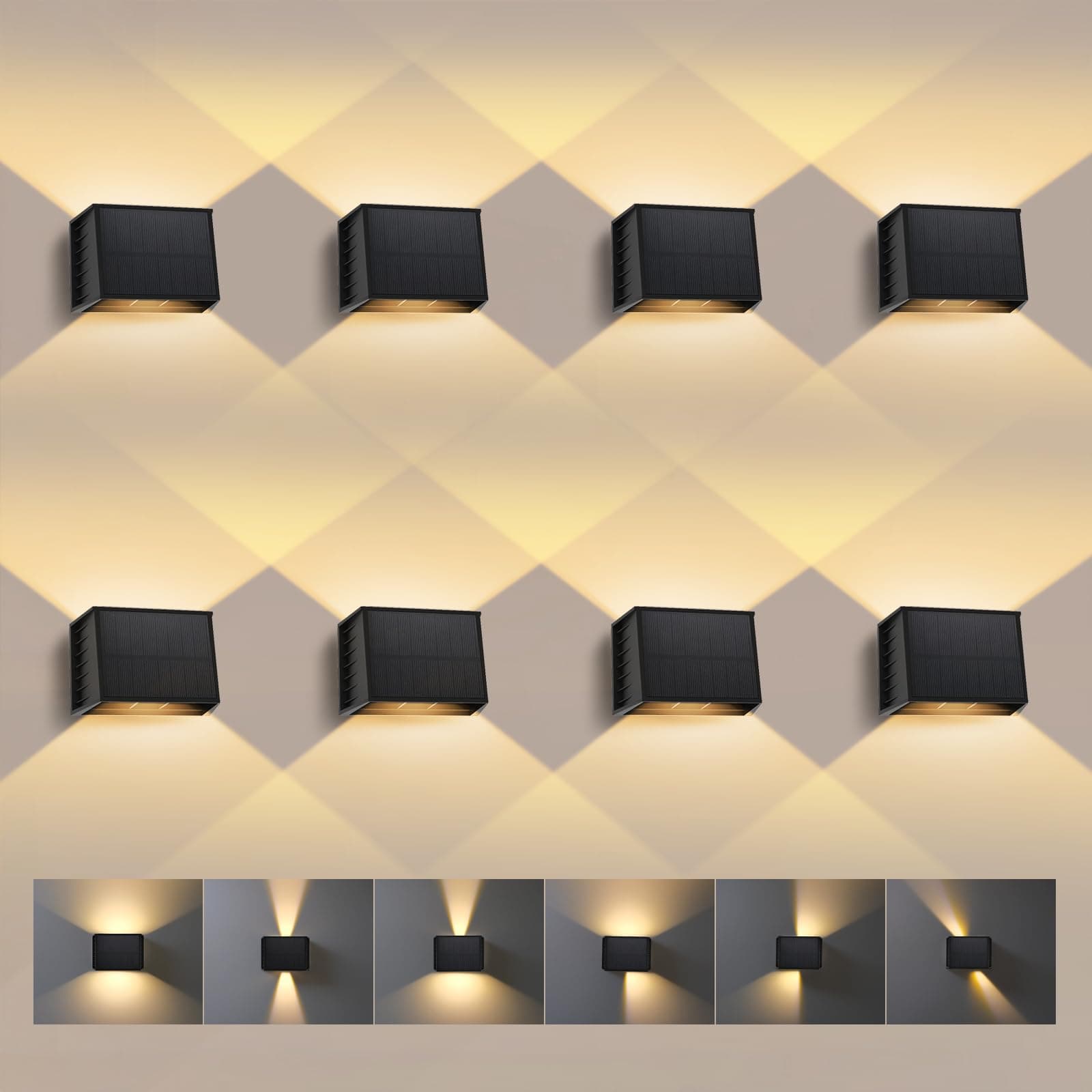 T-SUN 8 Piezas Lámparas Solares para Exterior 3000K Aplique Solar de Pared Exterior Aplique Cuadrado Negro IP65 Impermeable Ajustable Arriba Abajo para Jardín Pared Valla Garaje Escalera