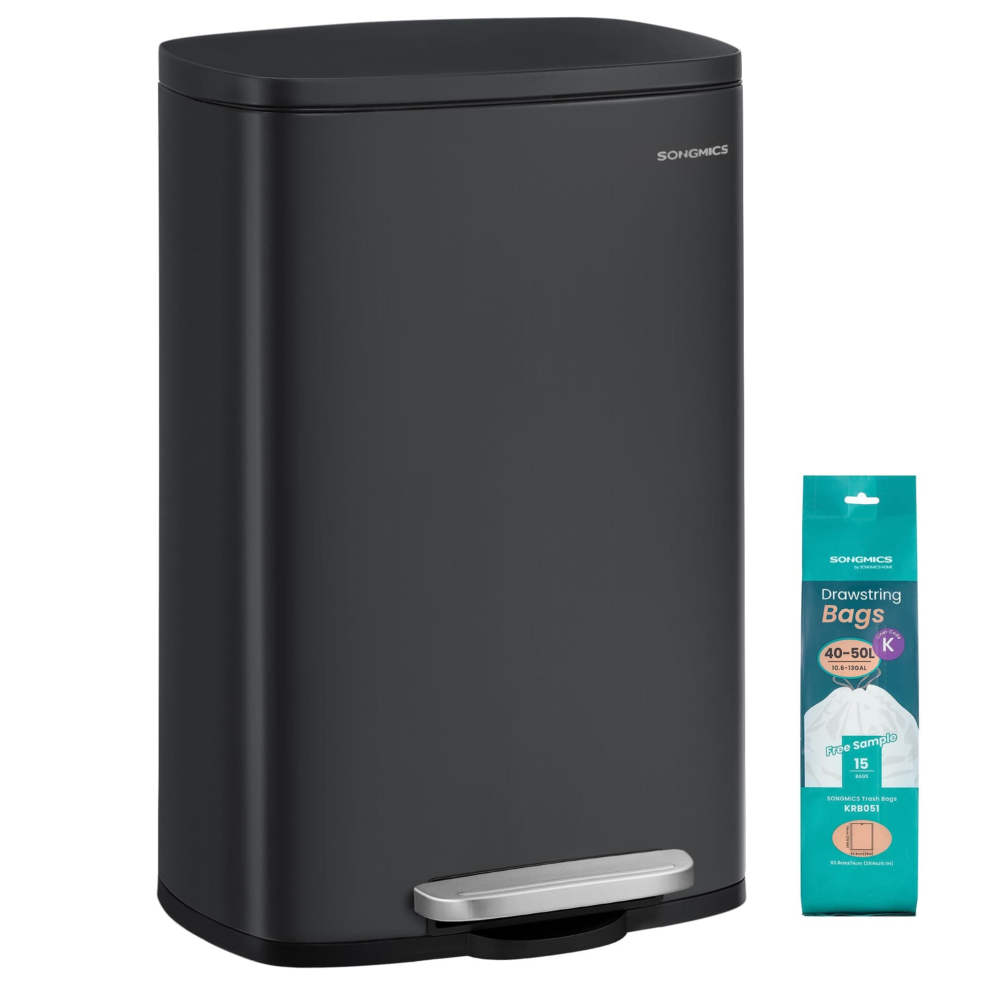SONGMICS Mülleimer Küche, 50 Liter, Abfalleimer, Treteimer, mit Deckel, Softclose, Fußpedal, Stahl, Inneneimer, schwarz LTB050B02