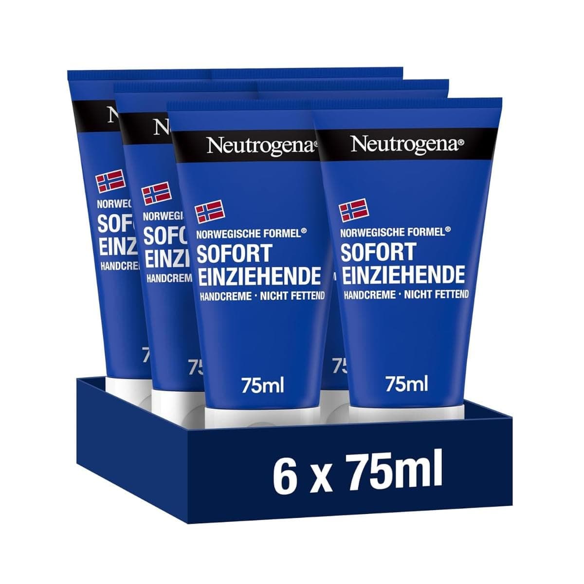 Neutrogena Sofort einziehende Handcreme (6 x 75ml), leichte und nicht fettende Feuchtigkeitscreme mit Glycerin plus Vitamin E bei trockenen, rissigen Händen, Sparset
