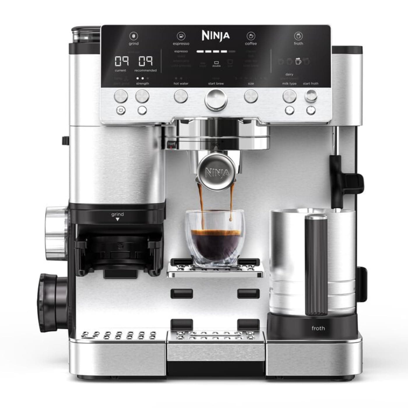 Ninja Luxe Premier Cafetera 3 en 1 para latte, cappuccino, cold brew y espresso con molinillo y espumador de leche integrados, fácil de usar y 4 preajustes automáticos de espuma, plata, ES601EU