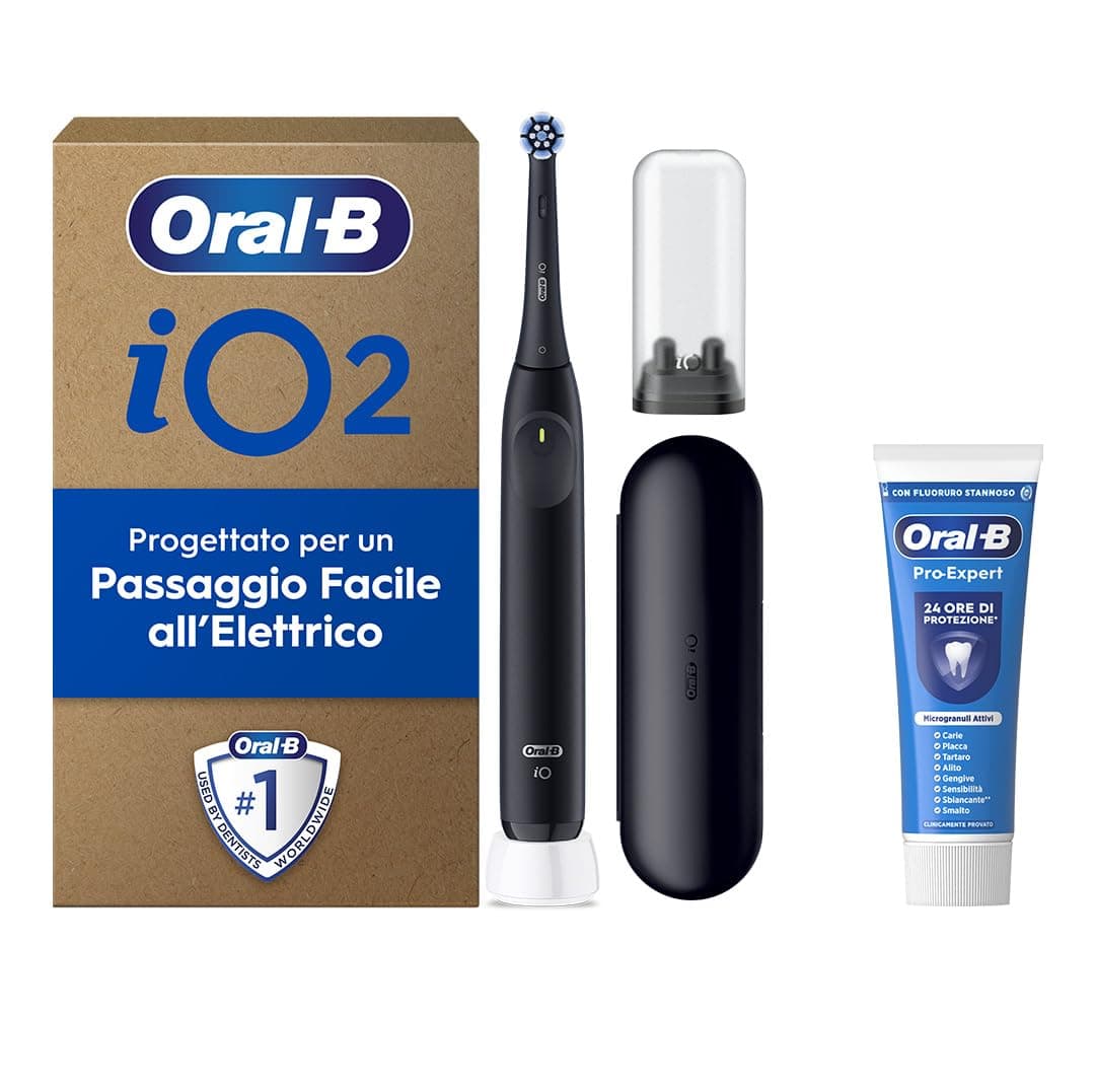 Oral-B Spazzolino Elettrico Ricaricabile iO 2, 1 Spazzolino Elettrico, 1 Testina Di Ricambio, Custodia Da Viaggio, Supporto per testine + 1 Dentifricio Oral-B Pro, Pulizia Denti, Nero