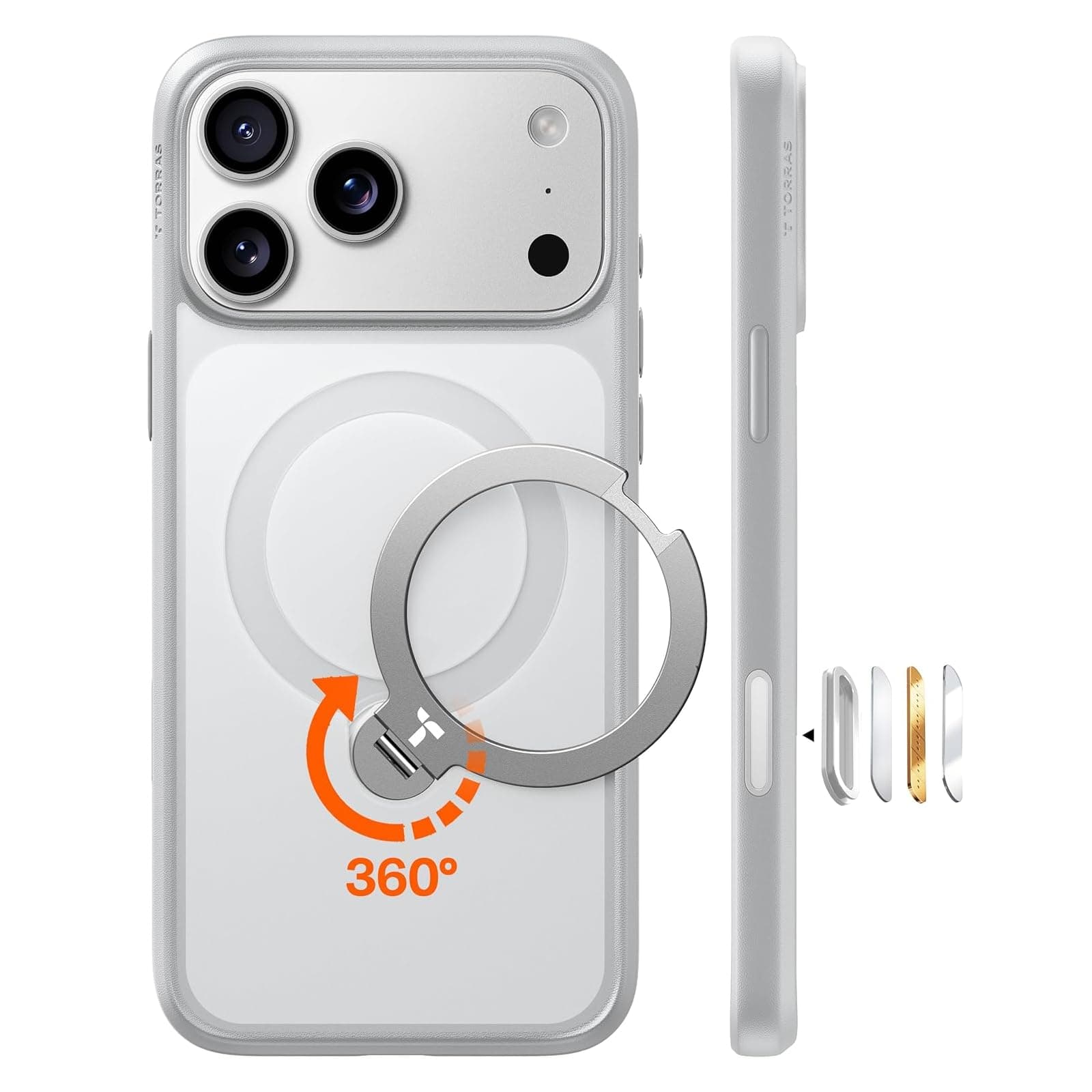 TORRAS Ostand Q3 Spin für iPhone 17 Pro Max Hülle (360°Stabilen Ständer für Magsafe) Militärschutz Handyhülle für iPhone 17 Pro Max Case mit Kamera-Tastenschutz Kratzfeste Matt Rückseite Silbergrau