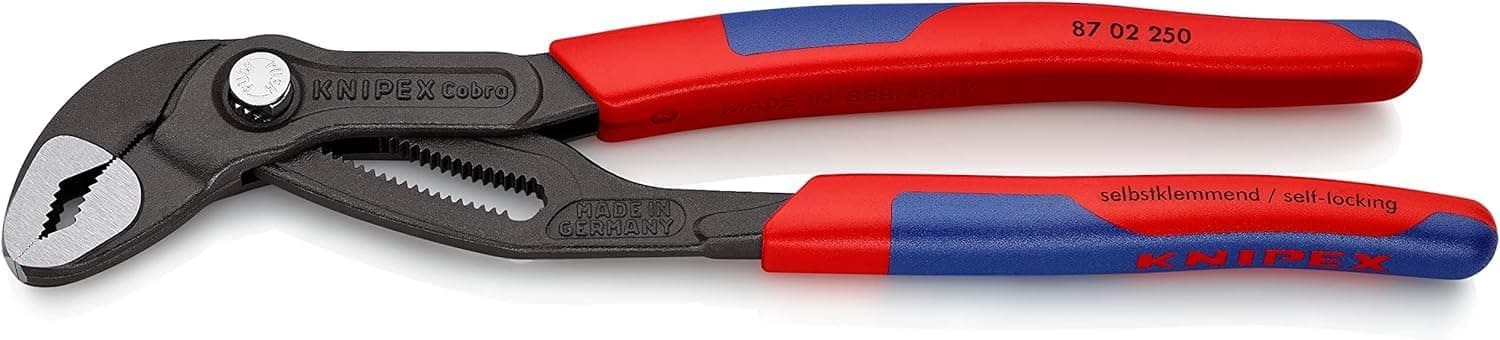 KNIPEX Cobra Wasserpumpenzange, 250 mm, Muttern bis 46 mm, Rohre bis 52 mm, Feinverstellung per Knopfdruck, Rohrzange, 87 02 250