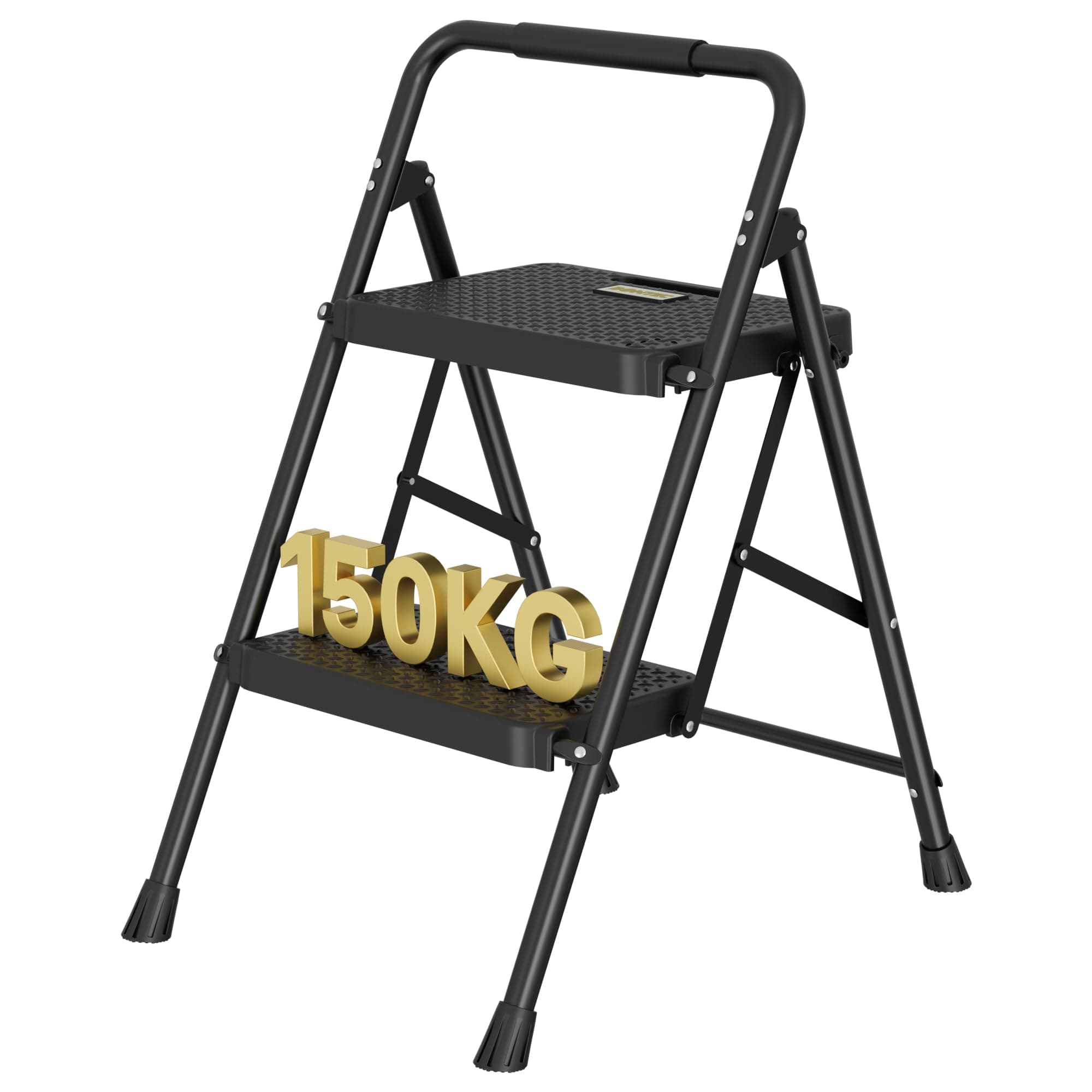 BONTEC Escaleras Plegables de 2 Escalones, Capacidad de 150KG con Pedales Antideslizantes Anchos, Taburete Escaleras de Mano de Acero, Manubrio de Esponja, Uso en Interiores y Exteriores, Negro
