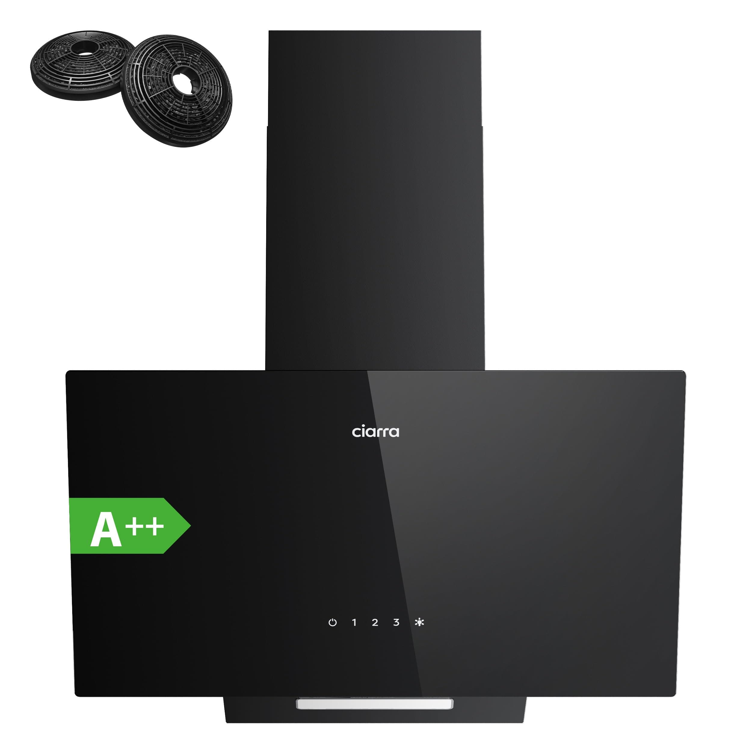 Ciarra CBCB6750C Campana Extractora Inclinada 60 cm A++ Eficiencia 350 m³/h 3 Velocidades Silenciosas Campana Extractora Cocina con Filtro Carbón Diseño Negro Ultradelgado Modelo CBCF002X2