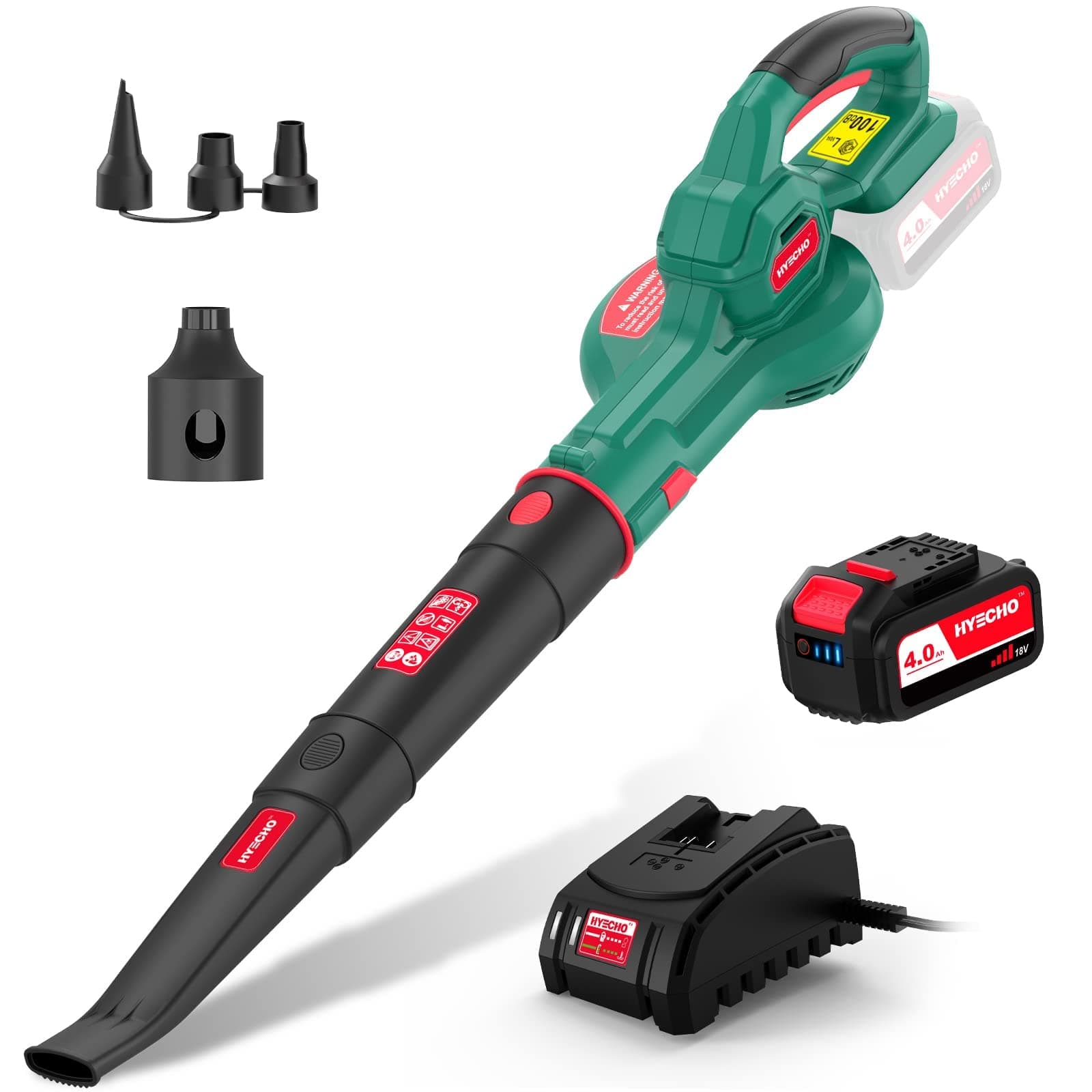 HYECHO Soplador de Hojas, 18V 4,0 Ah Soplador de Hojas Bateria, 223km/h, con Boquilla de Inflado de 3 Piezas, Ligero y Ergonómico, para Limpiar Hojas, Quitar el Polvo