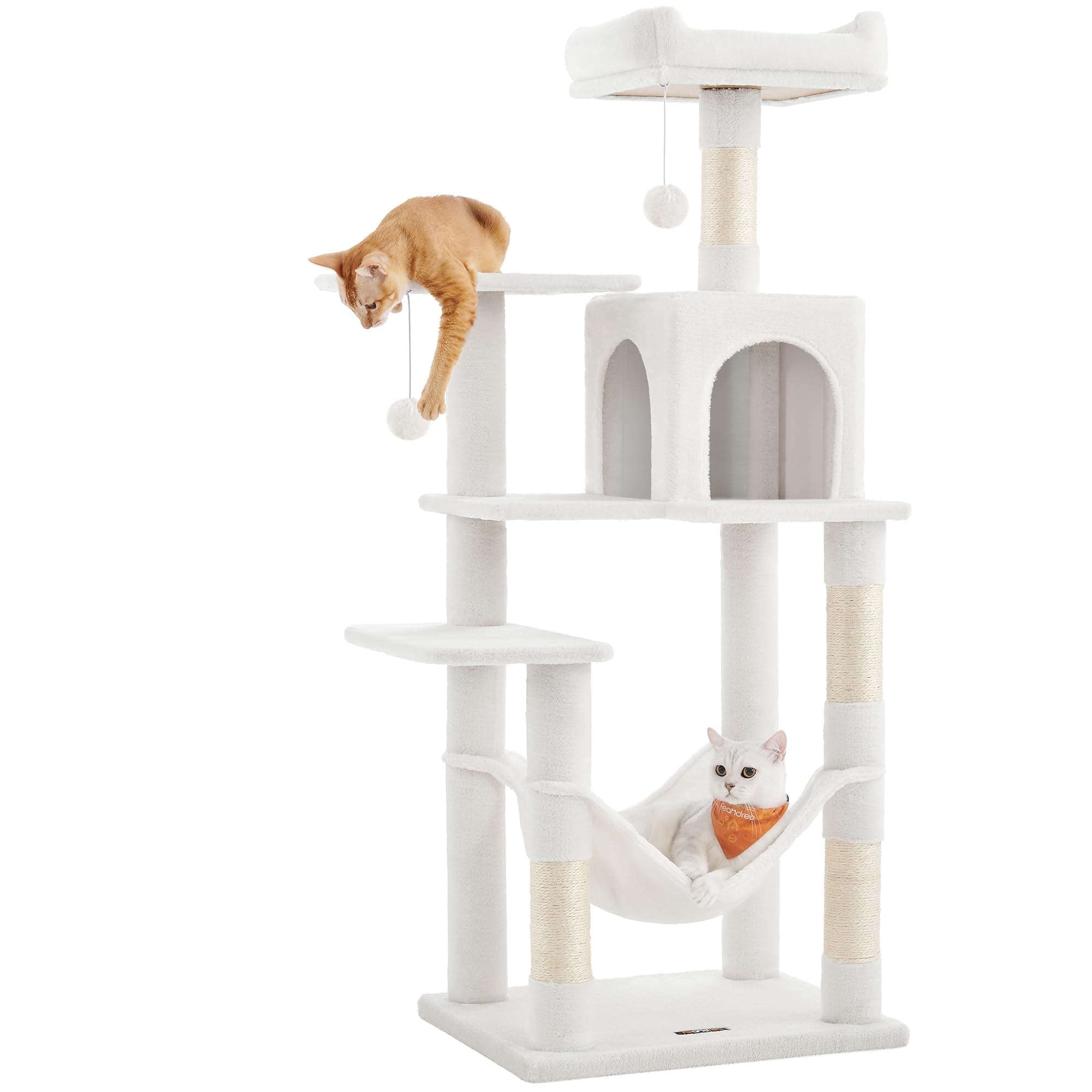 Feandrea Árbol para Gatos, Altura 143 cm, Torre de Gatos, con 4 Postes Rascadores, 2 Plataformas, 1 Cueva, 1 Hamaca, 2 Pompones, Tela de Felpa, Multinivel, Blanco Crema PCT161T01