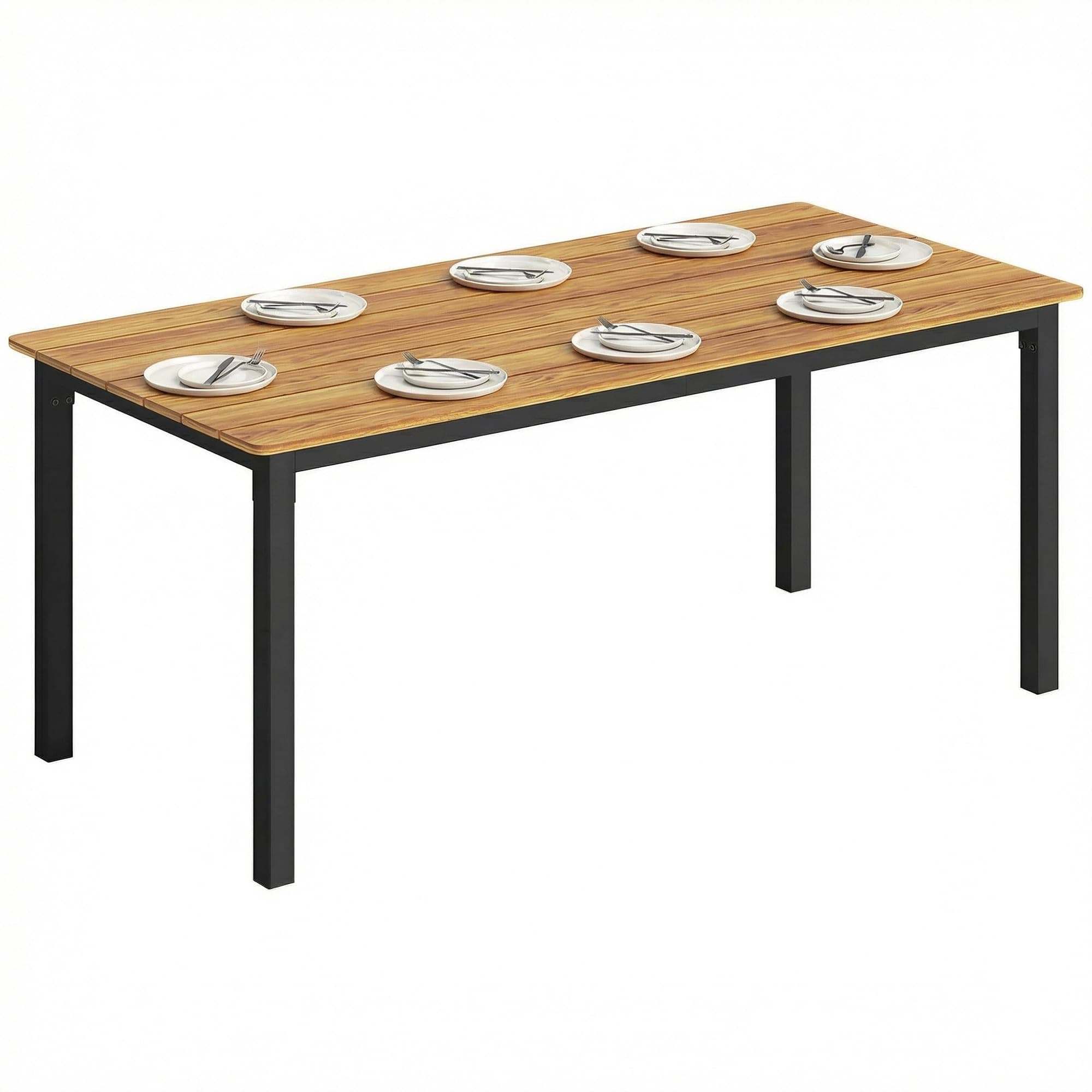 Outsunny Table de Jardin rectangulaire pour 6 à 8 Personnes, Table à Manger extérieure avec Plateau à Lattes en Bois Massif et Pieds en Acier, pour Balcon, Porche, terrasse, 180 x 86 x 74 cm, Teck