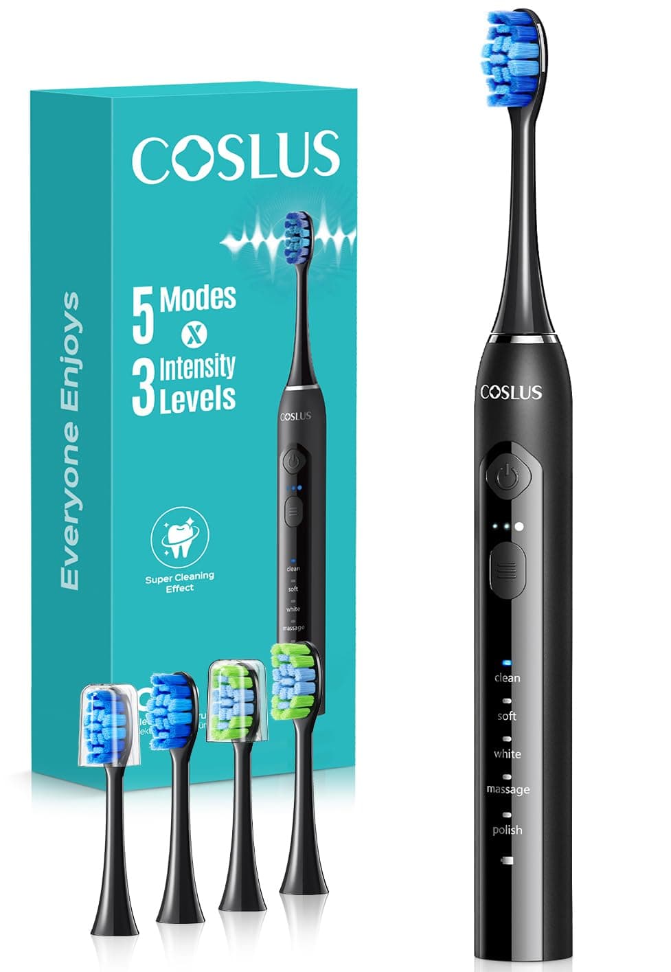 COSLUS C30 Cepillo de Dientes Eléctrico Sónico: 5 Modos con 3 Niveles de Intensidad - Diseñado para Dientes Sensibles - Adecuado para uso Doméstico o de Viaje - Dos Tipos de Cabezales de Cepillo