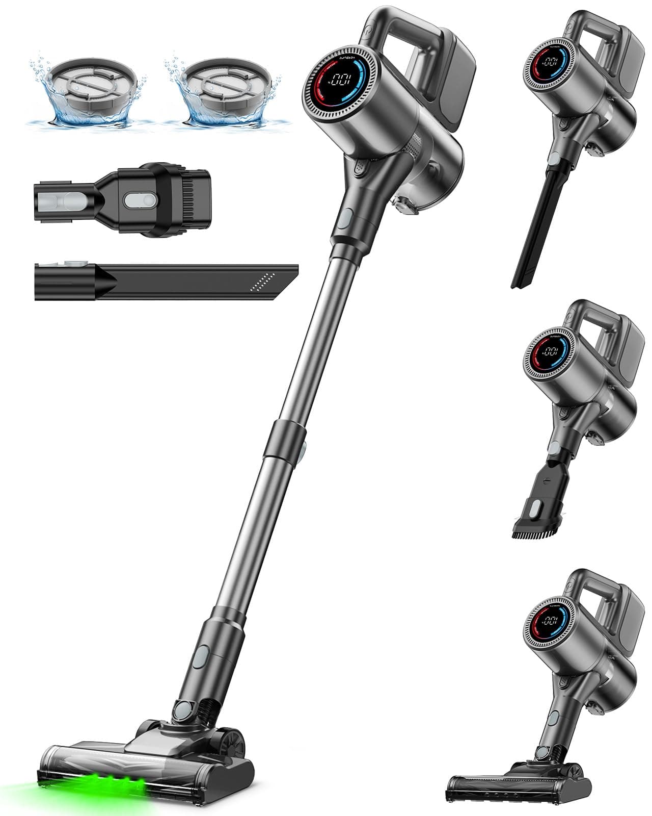 VersLife S7PRO Aspirapolvere senza fili, 500W/40KPA Scopa Elettrica, fino a 45 minuti di autonomia, display LED e luci frontali verdi, aspirapolvere autoportante per pavimenti duri, tappeti