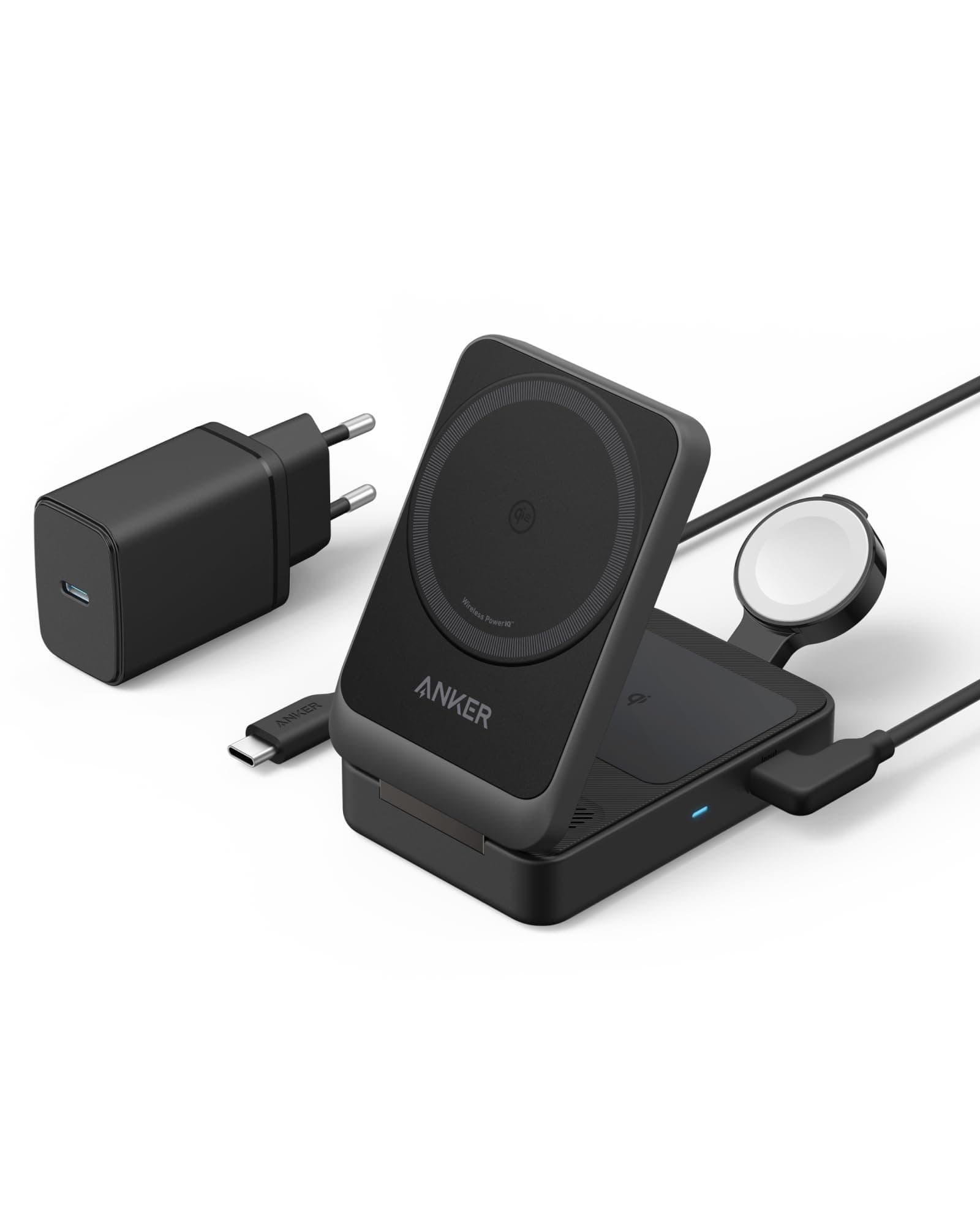 Anker MagGo 3-in-1 Ladestation, Qi2 zertifizierter 15W kabelloser Ladeständer, MagSafe kompatibel, Apple Watch Ladegerät, Für iPhone 17/16/15/14, AirPods, Apple Watch 9 (Mit 40W USB-C Netzteil)