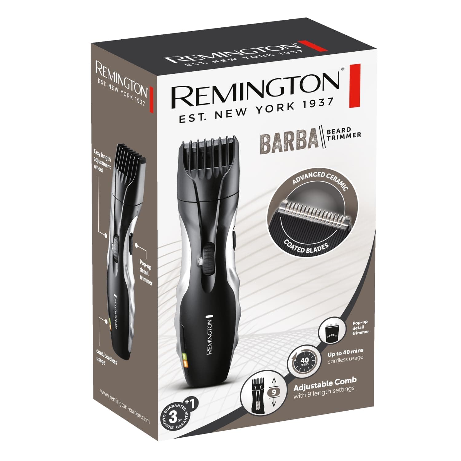 Remington Set Regolabarba Uomo - 9 impostazioni di lunghezza 1,5-18 mm- Funzionamento a rete/batteria, indicatori LED di carica/ricarica, regolabarba, Rasoio elettrico Barba, MB320C