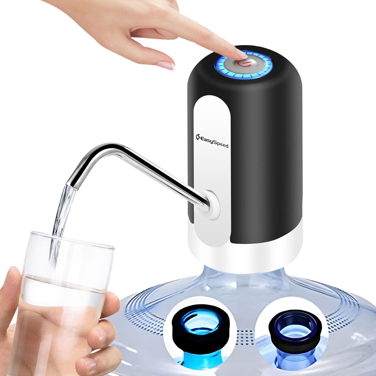 EASYSPEED Dispensador de Agua Fría Automático, 1200 mAh Eléctrico USB Bomba Grifo de Agua, Eléctrica Portátil con 2 Adaptadores para Botellas y Garrafas de 3,5,8,10,13,15,18 litros,Negro