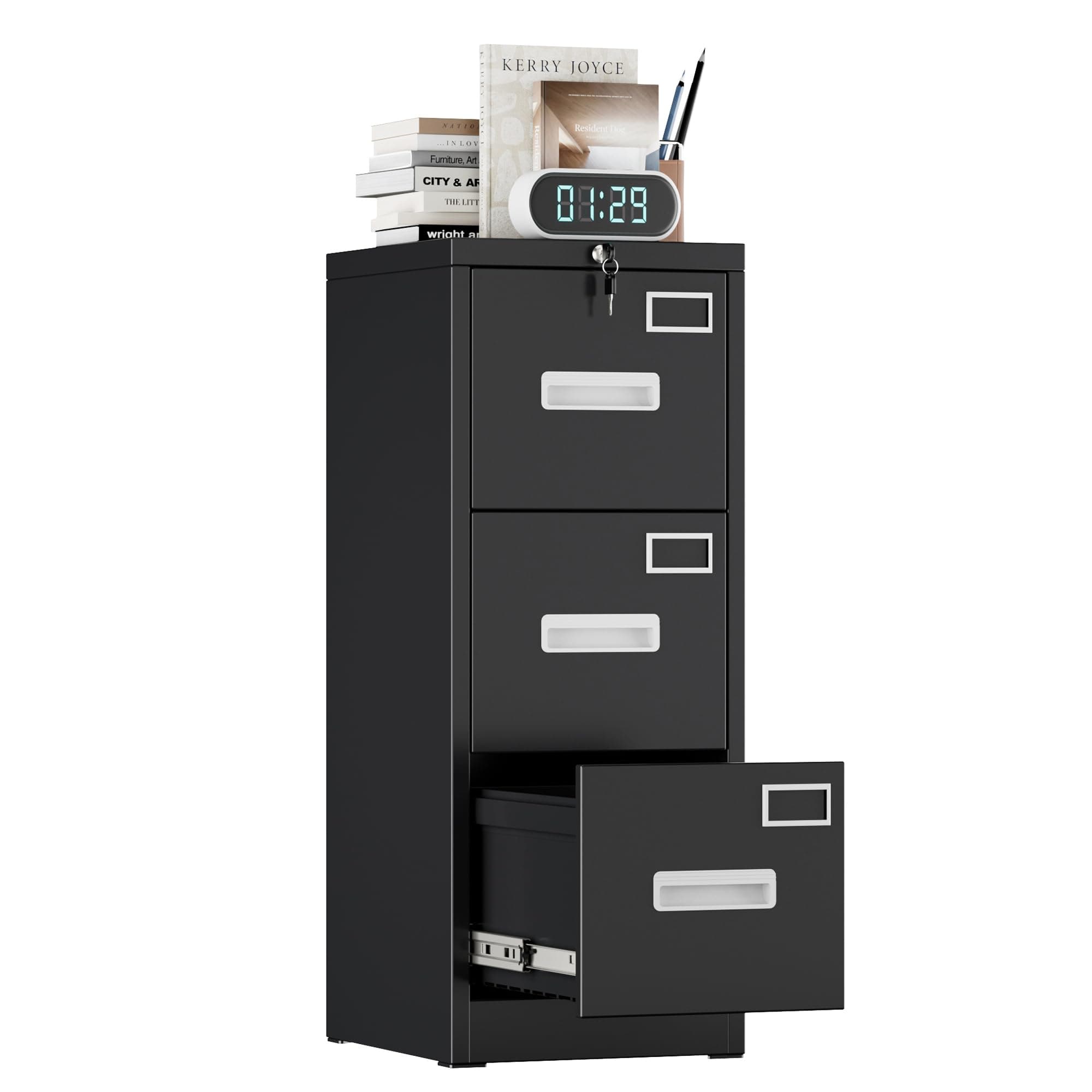 FlairVibe A4 Armario Archivador Metálico, 3 Cajonera Oficina Archivadores Verticales, Bloqueable, Incluye 2 Llaves, Dispositivo de Inserción, Muebles Oficina