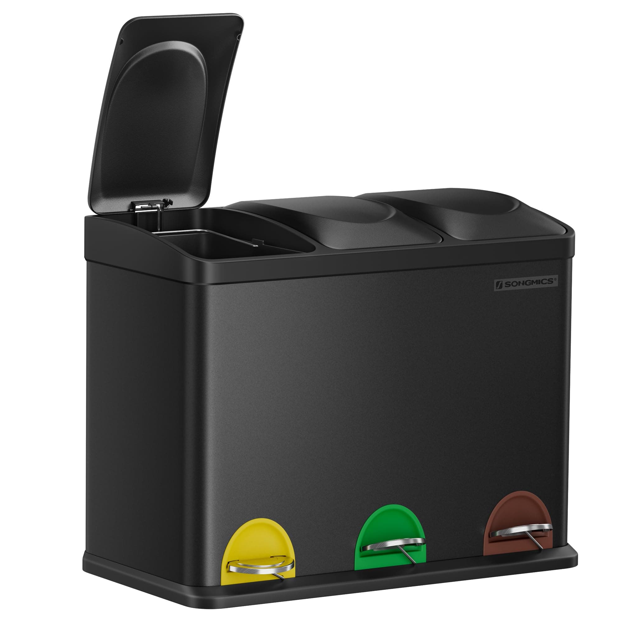 SONGMICS Cestino da Cucina, Pattumiera per Riciclaggio, Pattumiera Tripla a Pedale, in Metallo da 45 Litri, per Raccolta Differenziata, 3 x 15L, con Coperchio, Acciaio, Nero LTB45B