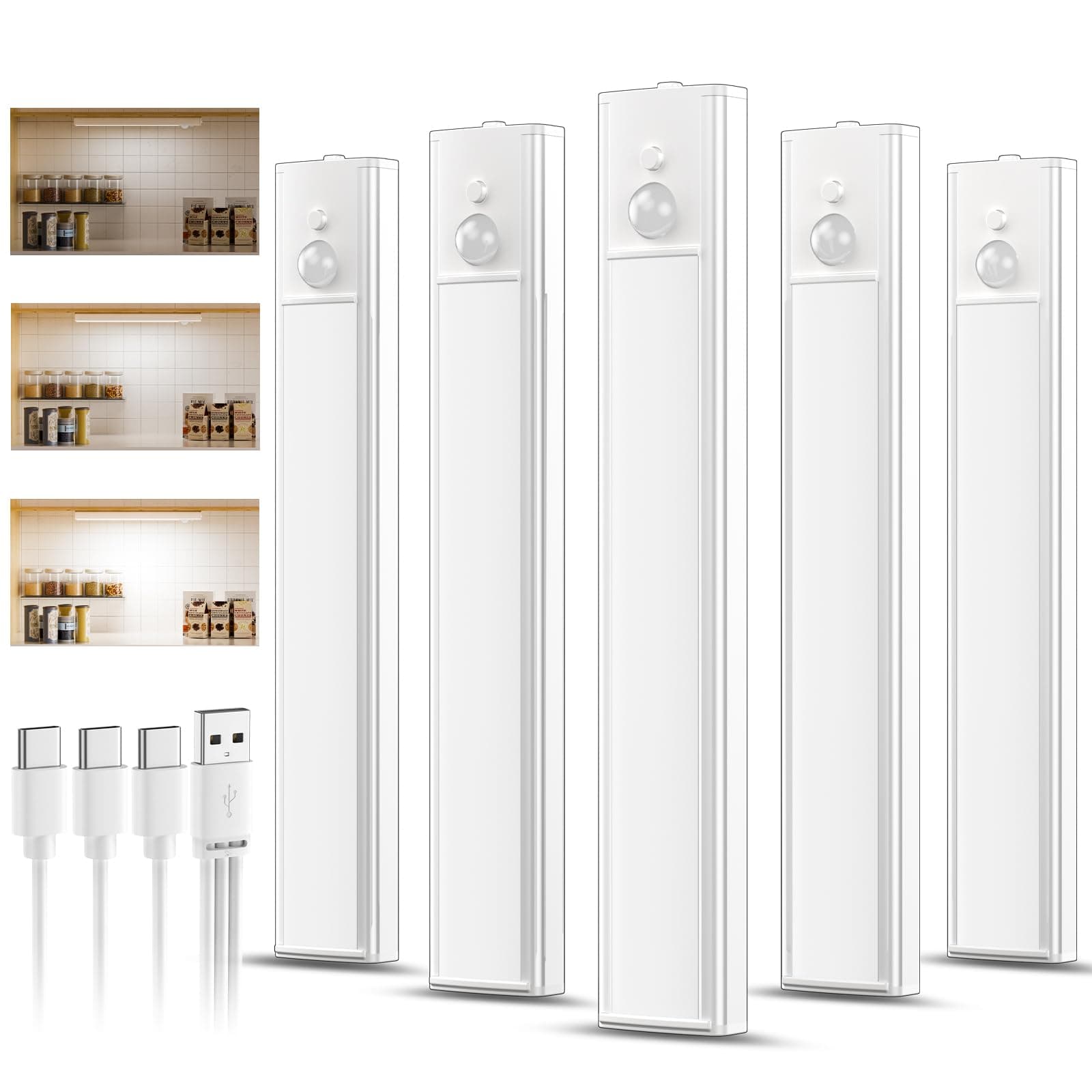 daphomeu 5 Pack 20CM Luces led Cocina Recargables, Luz Armario Sensor Movimiento Atenuable tipo C carga,Blanco frío Luz Sensor Movimiento Interior, Lampara Led para estantería, armario de escaleras