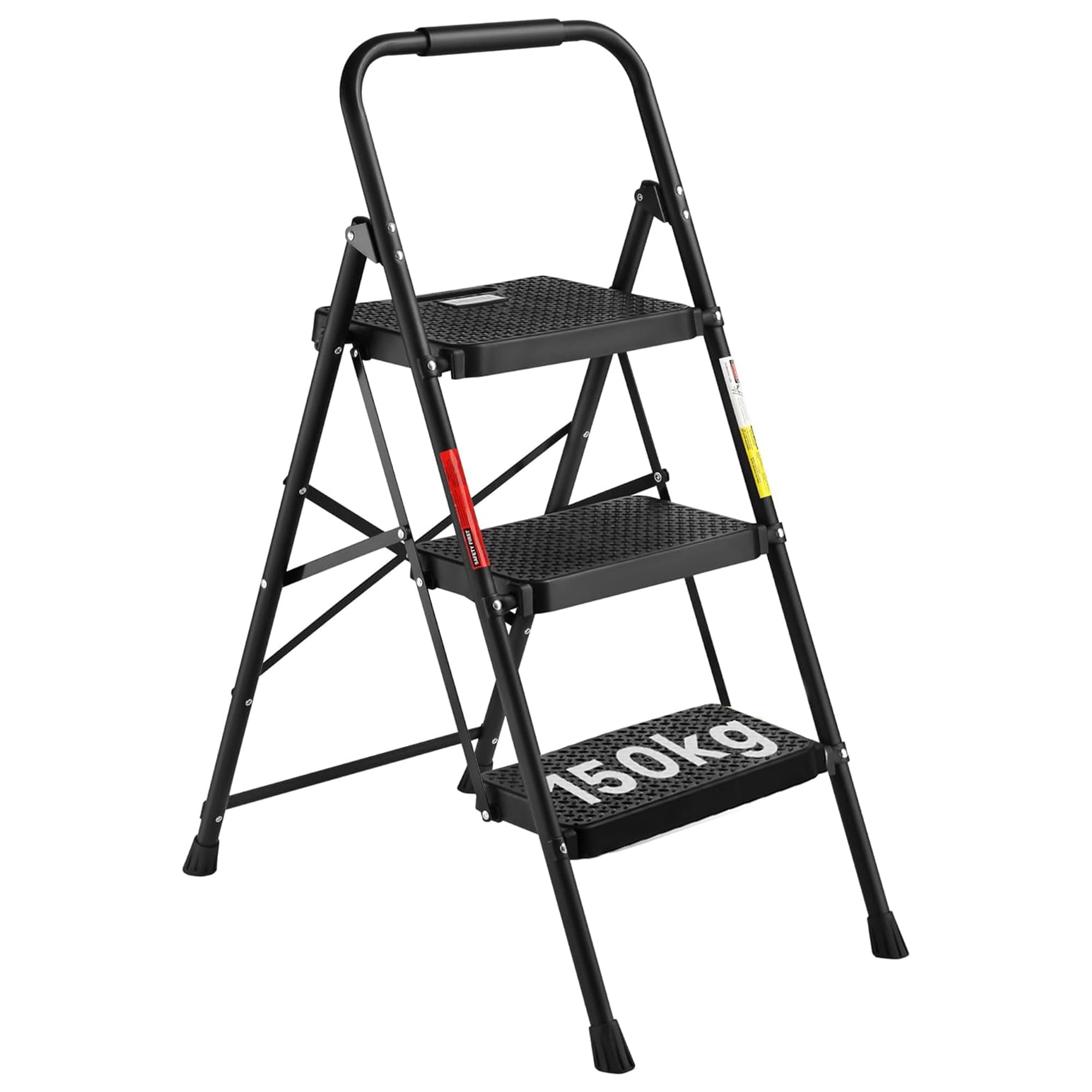 BONTEC Escaleras Plegables de 3 Escalones, Capacidad de 150KG con Pedales Antideslizantes Anchos, Taburete Escaleras de Mano de Acero, Manubrio de Esponja, Uso en Interiores y Exteriores, Negro