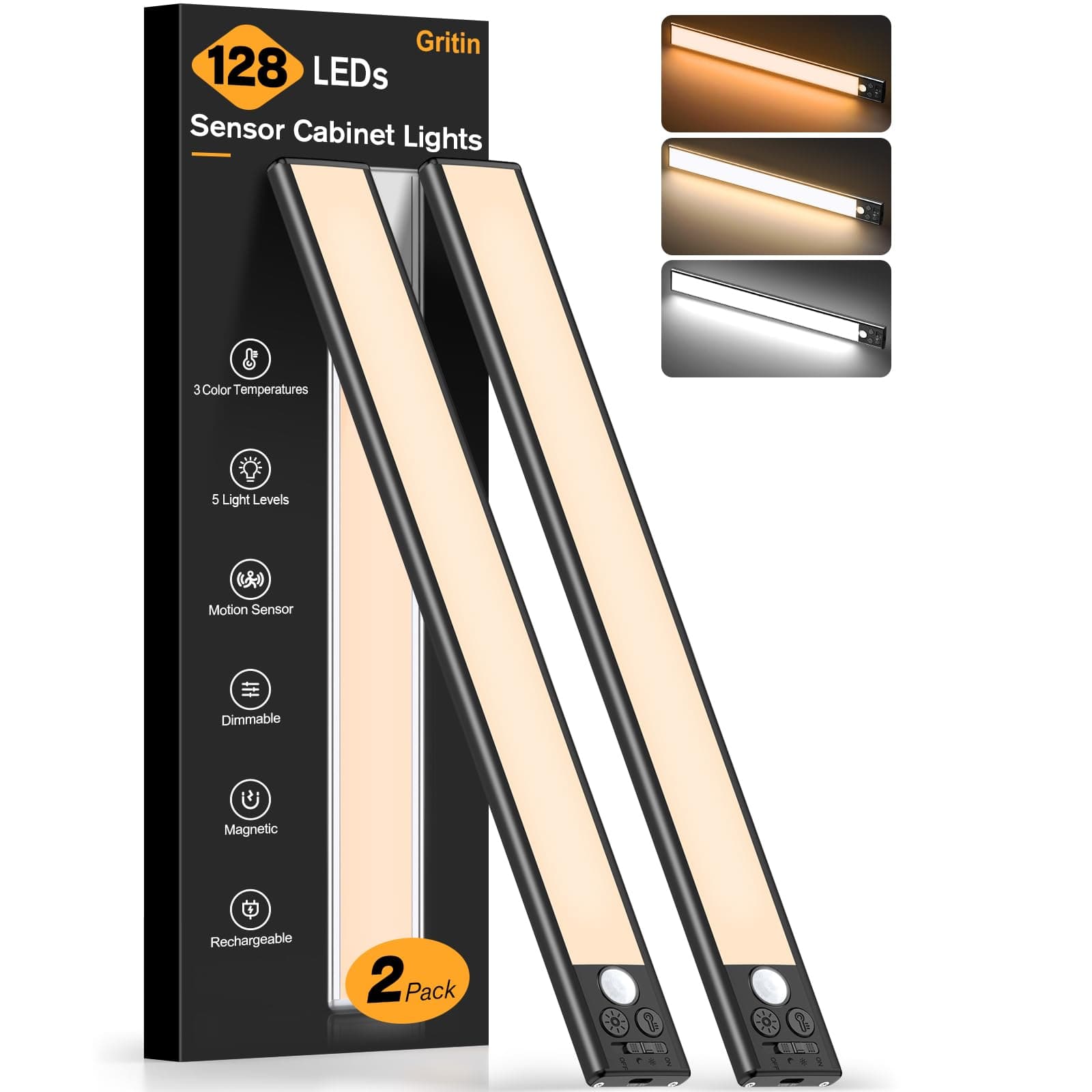 Gritin 37.5CM Luz de Armario Recargable con Sensor de Movimiento, 2 Pack LED Luces Cocina - 3 Modos de Color, 5 Niveles de Brillo, Atenuación Continua, Ideal para Gabinete, Cocina, Escalera, Pasillo