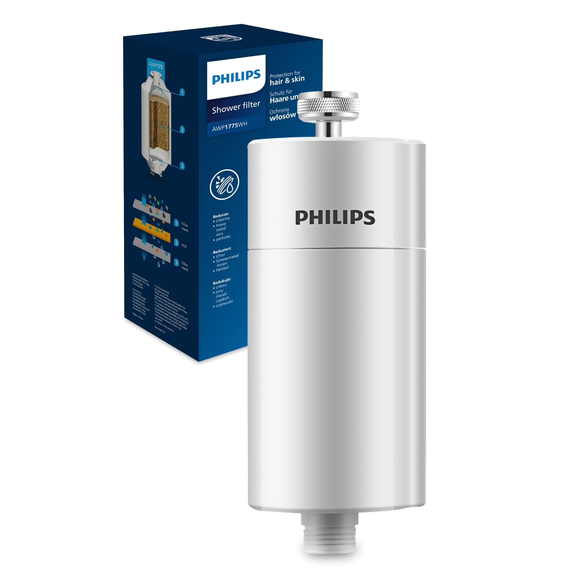Philips Water Filtro de ducha en línea + 1 cartucho de repuesto, reduce el CLORO hasta un 99%, compatible con todas las mangueras y grifos estándar, capacidad de filtración 50 000 L por filtro