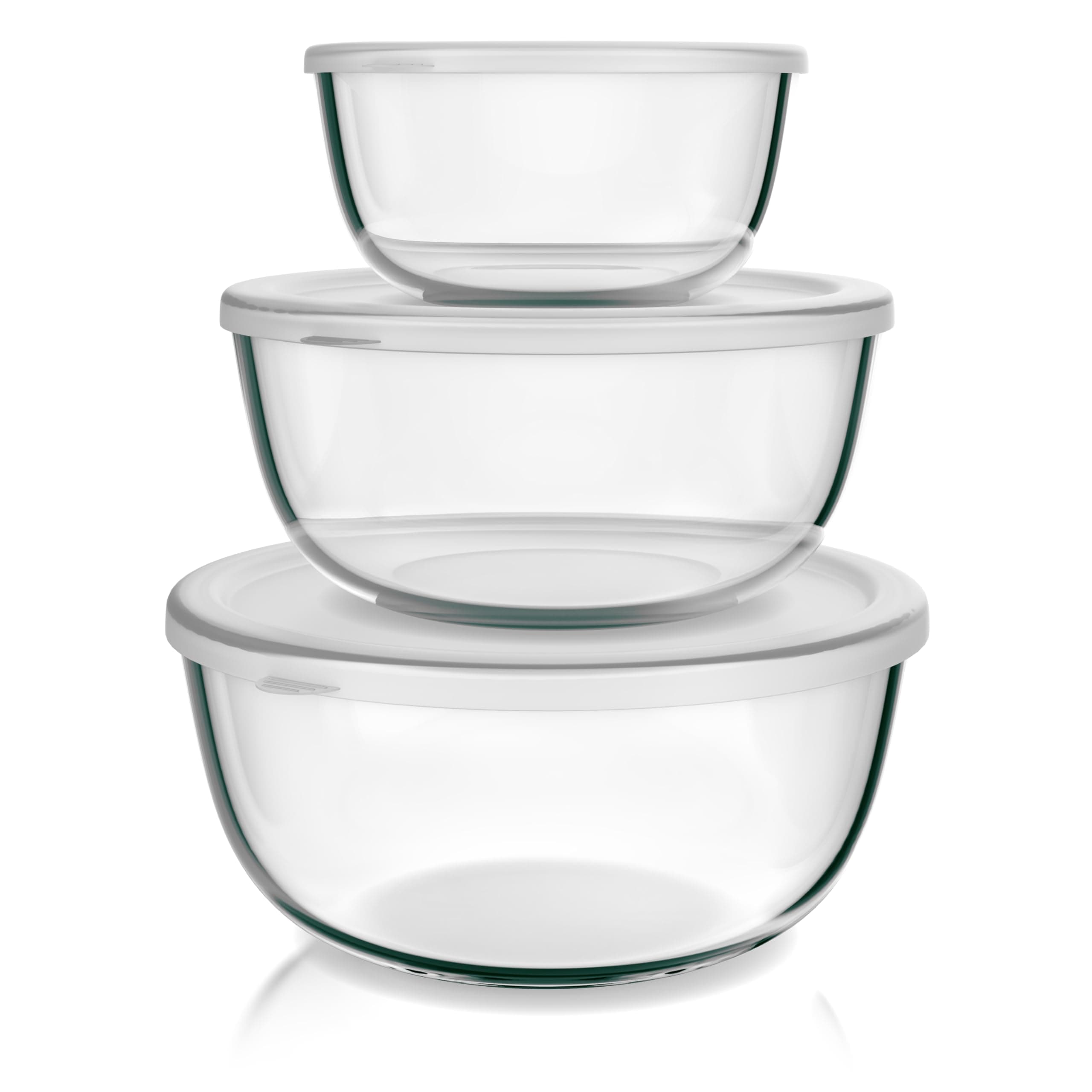 Arendo - Salatschüssel aus Glas mit Deckel - Glasschüssel 3er Set - 1100ml + 2700ml + 4400ml – Rührschüsseln klein bis groß – Borosilikatglas - Glasschale Salatglasschale