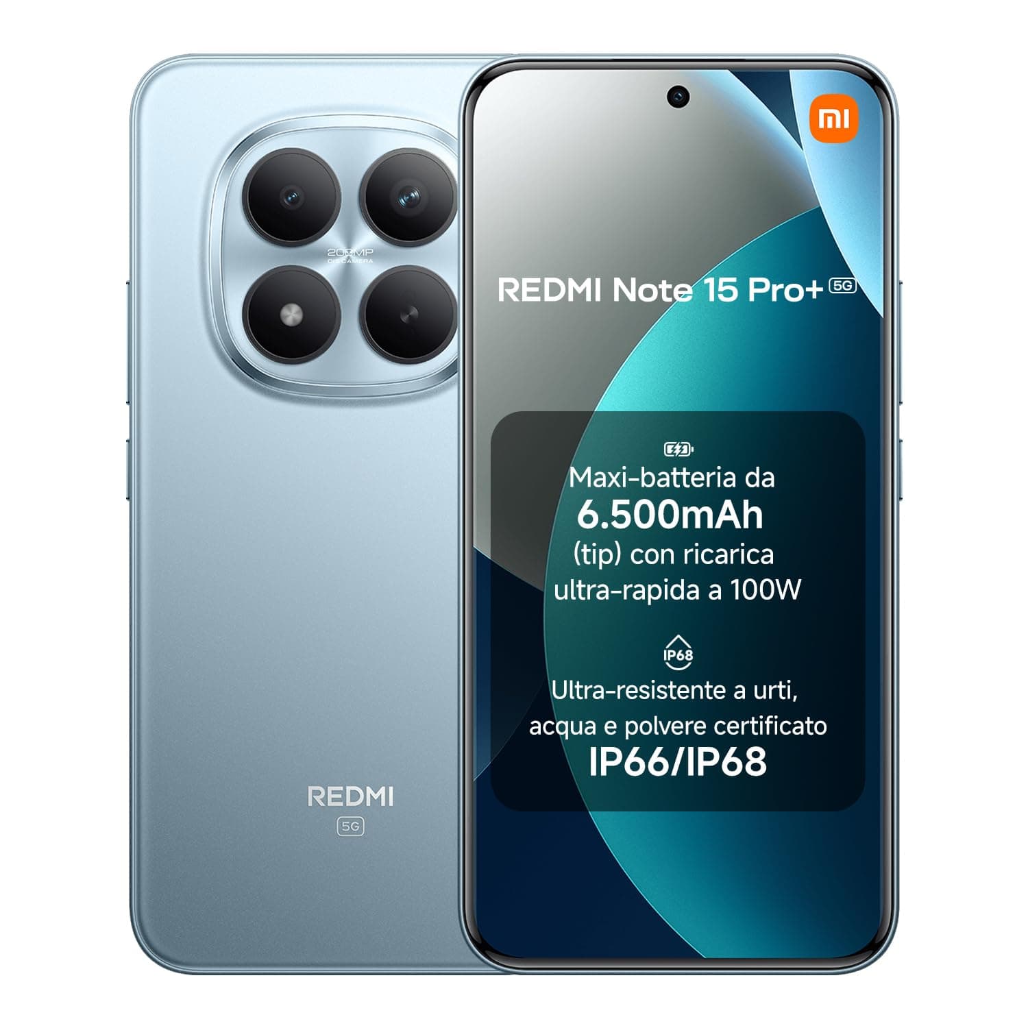 XIAOMI Redmi Note 15 Pro+ 5G, Smartphone 8+256GB, Batteria massiccia da 6500 mAh, IP66/IP68, Nuova fotocamera 200 MP, Display AMOLED da 6,83", Blu Ghiacciaio, Garanzia 2 anni, Caricatore non incluso