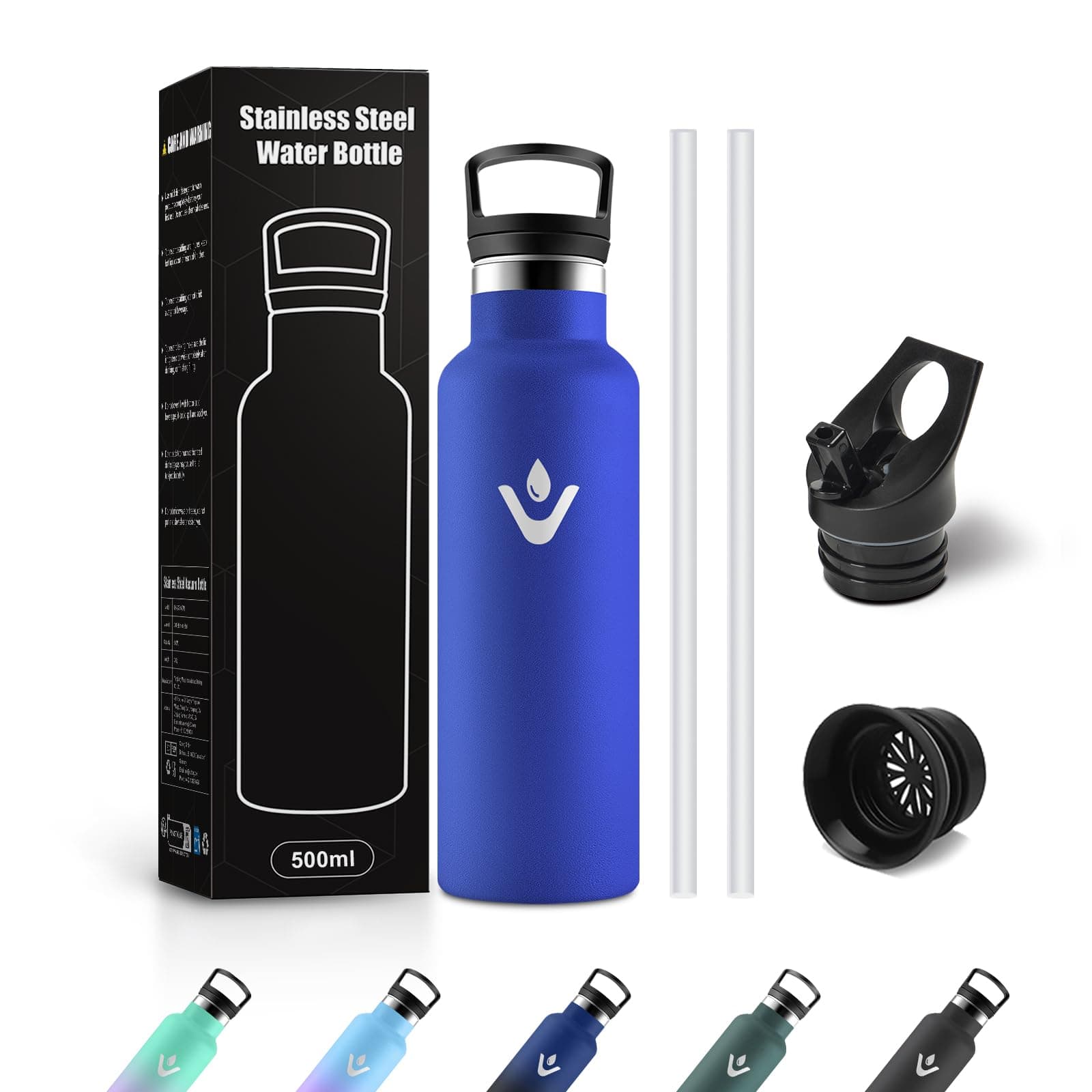 Borraccia Acciaio Inox 500ml, Bottiglia Acqua con Cannuccia, Riutilizzabile, senza BPA, a prova di perdite, Termos per Scuola, Campeggio