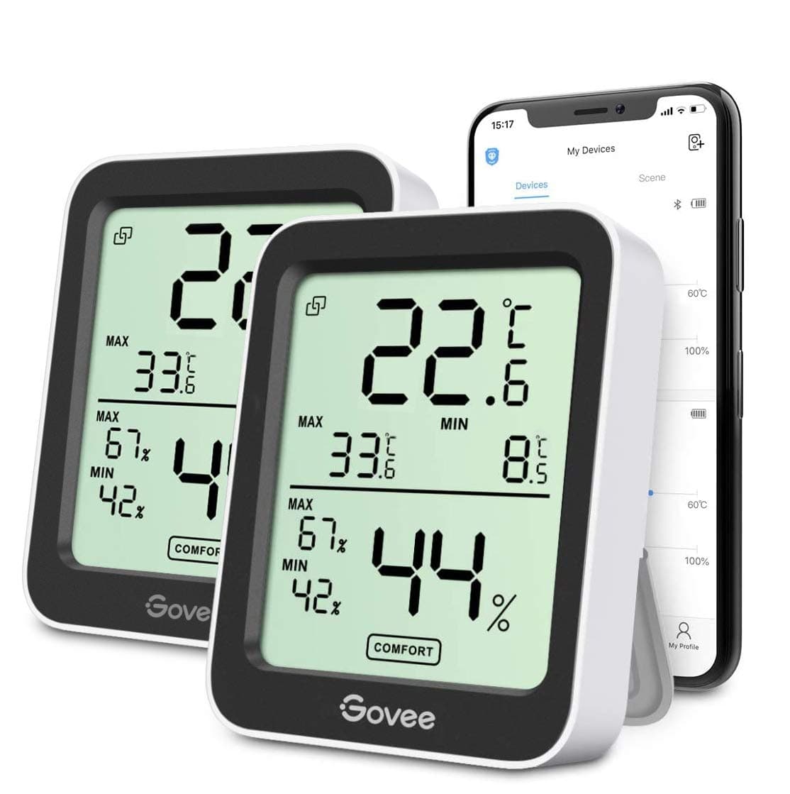 Govee Thermometer Hygrometer, LCD Digital Thermo-Hygrometer Innen mit Benachrichtigungs Alarm, Präzise Temperatur Luftfeuchtigkeitsmesser mit APP, Datenspeicherung für Gewächshaus Weinkeller, 2er-Pack