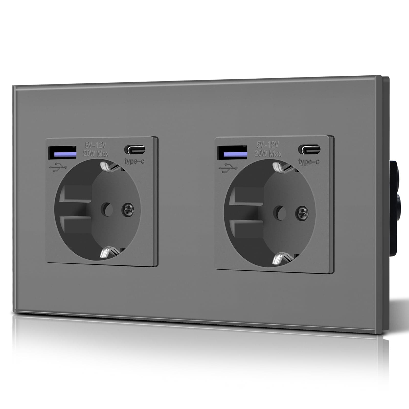 BSEED Steckdose aus Glas mit 20W USB C, Schnellladegerät Wandsteckdose, 3 in 1 Unterputz Steckdosen, Einfache Installation, 240V 16A, 157mm 2 Fach Grau