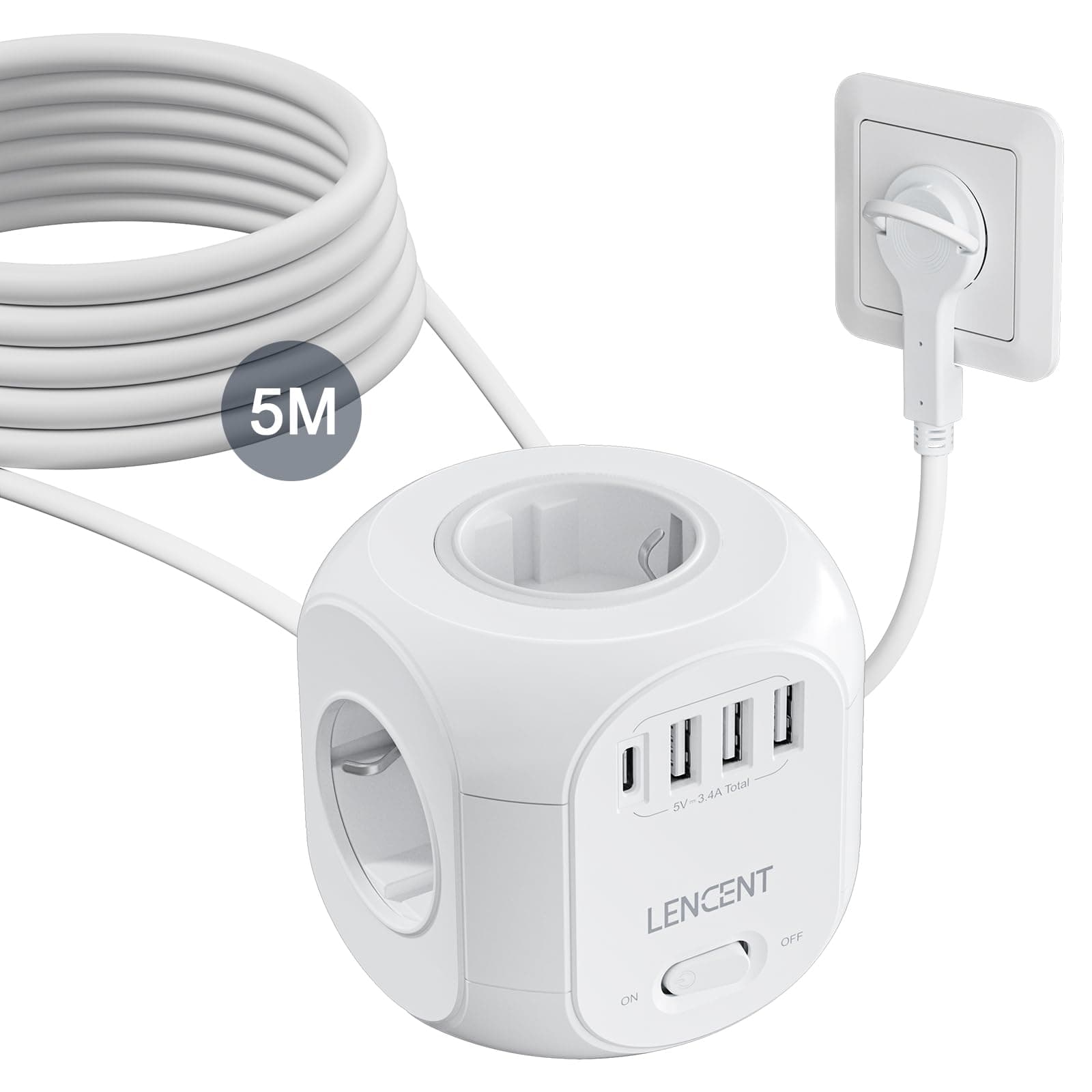 LENCENT Alargador Enchufe Plano 5M, Cubo Regleta Enchufe con 3 Puertos USB y 1 Tipo-C, Base Enchufes Multiple Blanco para Oficina, Hogar(250 V / 10 A Máx.)