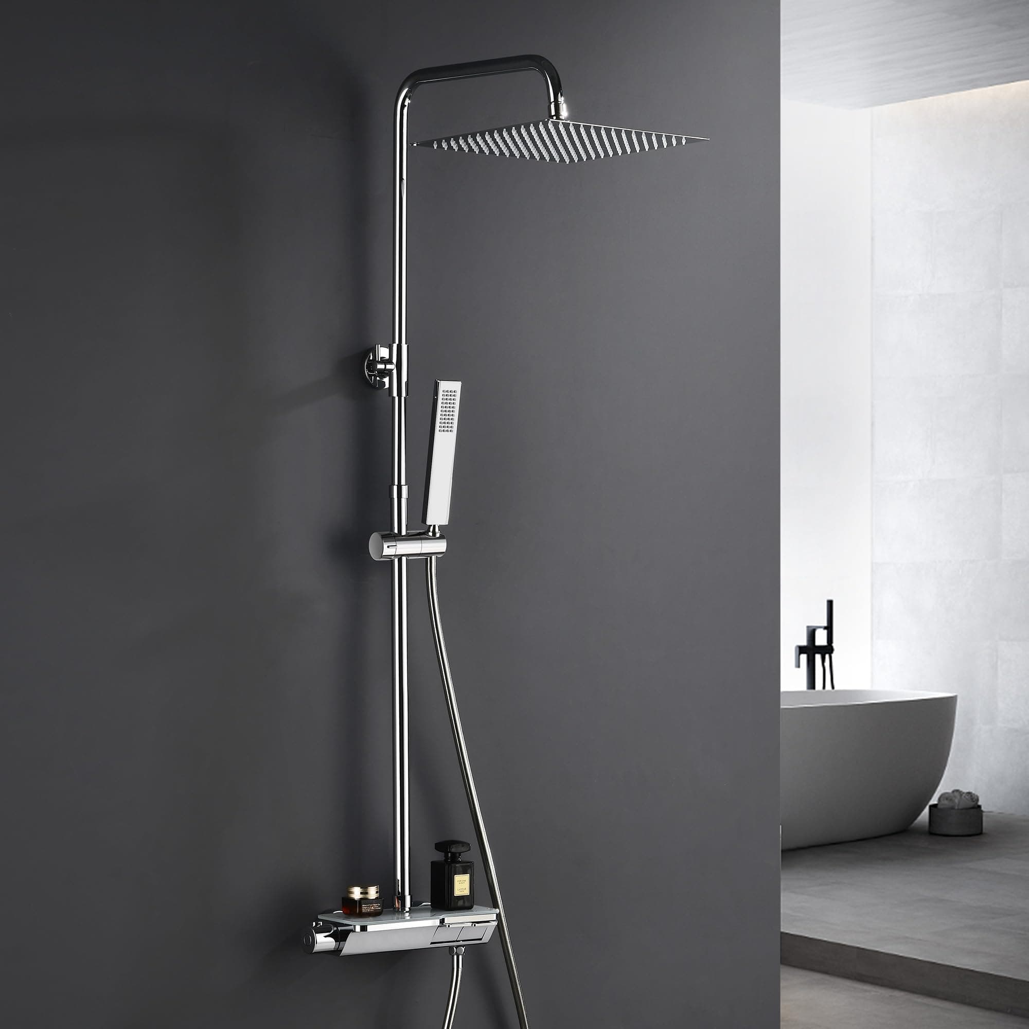 Görbach Colonna Doccia con Termostatico in Acciaio INOX 304 Colonna Doccia Rubinetto con Soffione con Miscelatore, Set Doccia a Pioggia con Doccetta Cromo(20×20cm Quadrato)