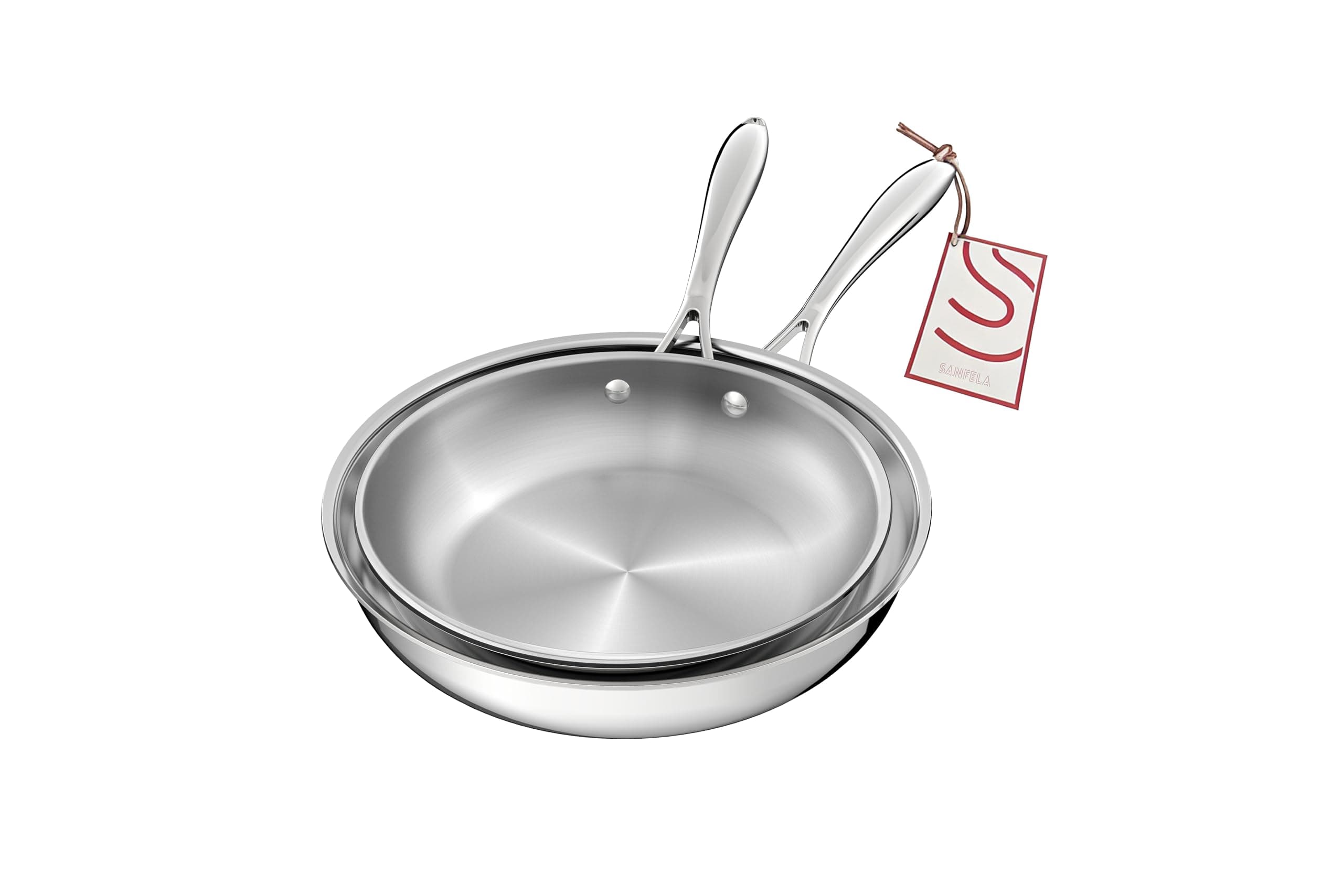 SANFELA Lot de poêles à frire 5 couches en acier inoxydable 2, avec poêles en acier inoxydable de 24 cm et 28 cm, passent au lave-vaisselle et au four, poêles à induction