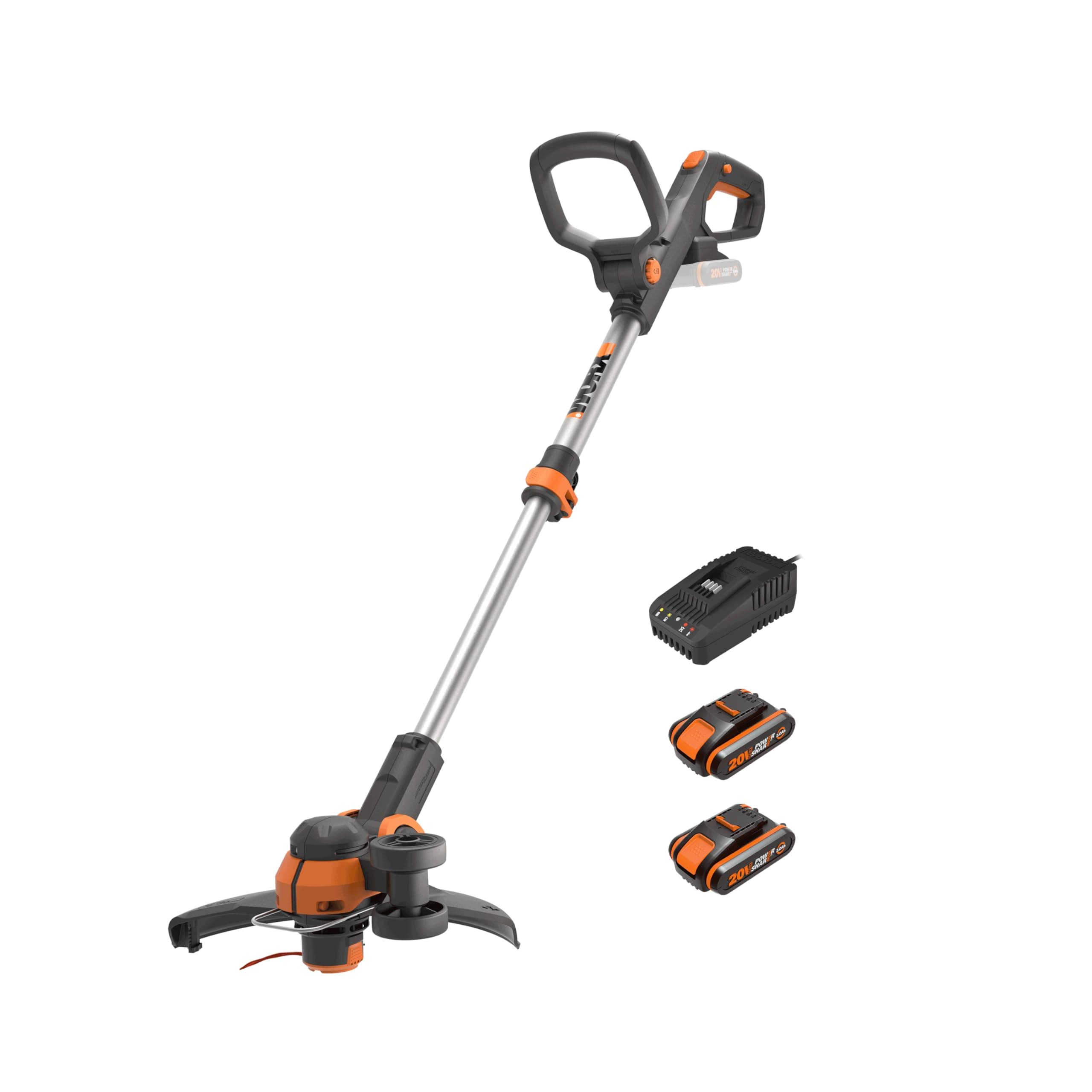 WORX 20V Coupe-Bordures et Dresse-Bordures sans Fil WG163E.3, PowerShare, Diamètre de Coupe 30 cm, Tête Inclinable à 90°, Poignée et Manche Réglables, 2 Batteries 2Ah et 1 Chargeur Inclus