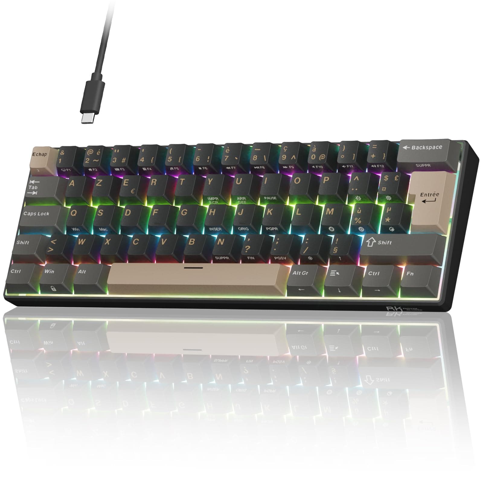 RK ROYAL KLUDGE C61 HE Clavier magnétique AZERTY Filaire 60%, interrupteurs à Effet Hall, Rapid Trigger 8 000 Hz, précision 0,01 mm, Hot Swap, RGB, keycaps PBT, Clavier Gamer pour PC/Mac, Noir