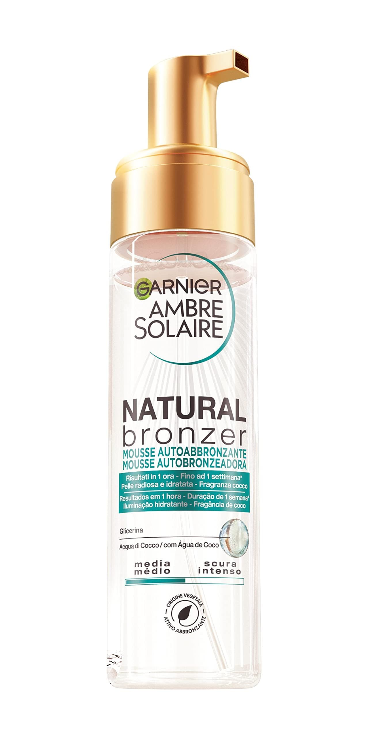 Garnier Ambre Solaire Mousse Autoabbronzante Natural Bronzer, Viso e Corpo, Per un'Abbronzatura Naturale fino ad Una Settimana, Formula Vegana Arricchita con Acqua di Cocco Idratante, 200 ml