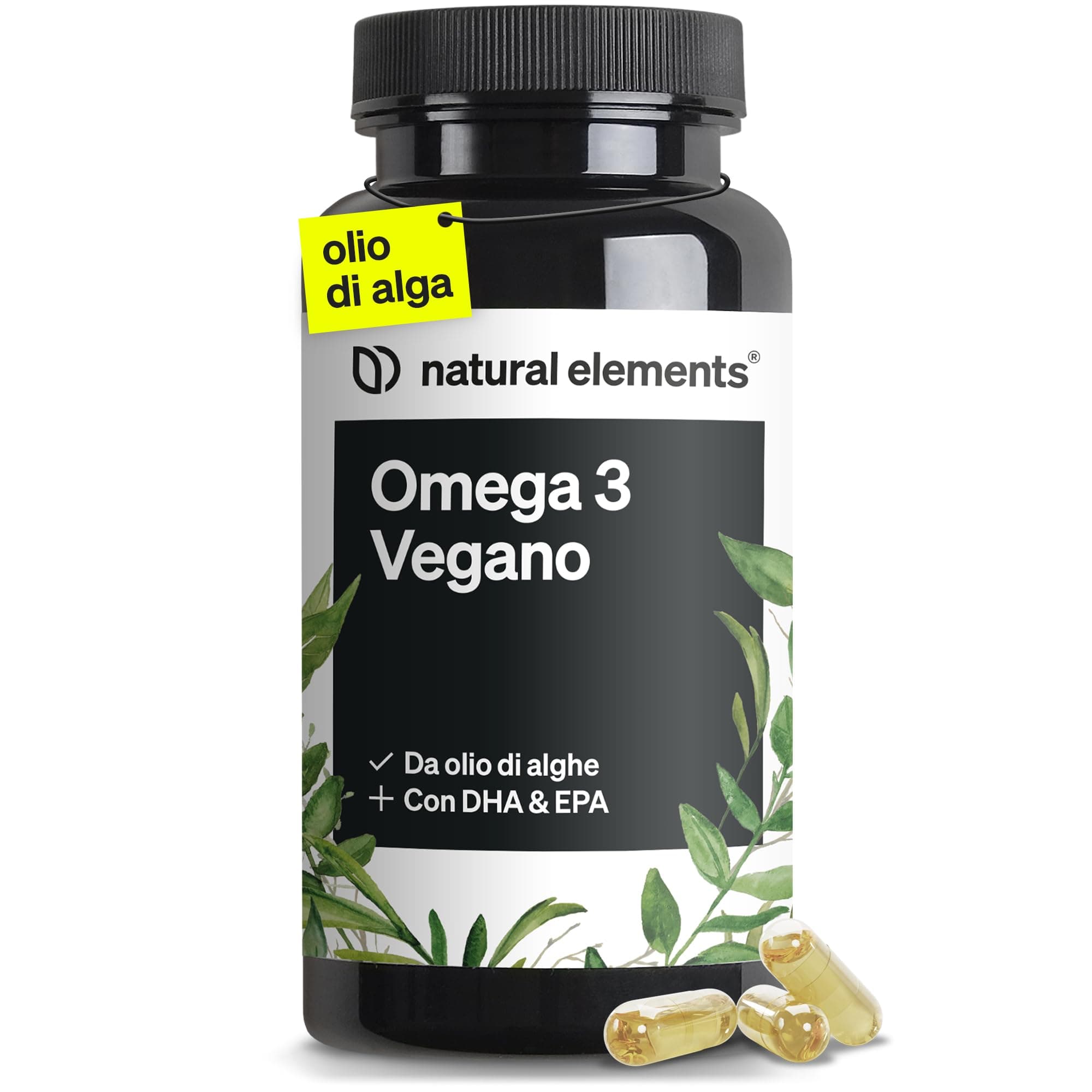 Omega 3 Vegan ad alta efficienza – 1444mg Olio di Alghe – Ad alto dosaggio con EPA & DHA di alta qualità – 90 Capsule – natural elements