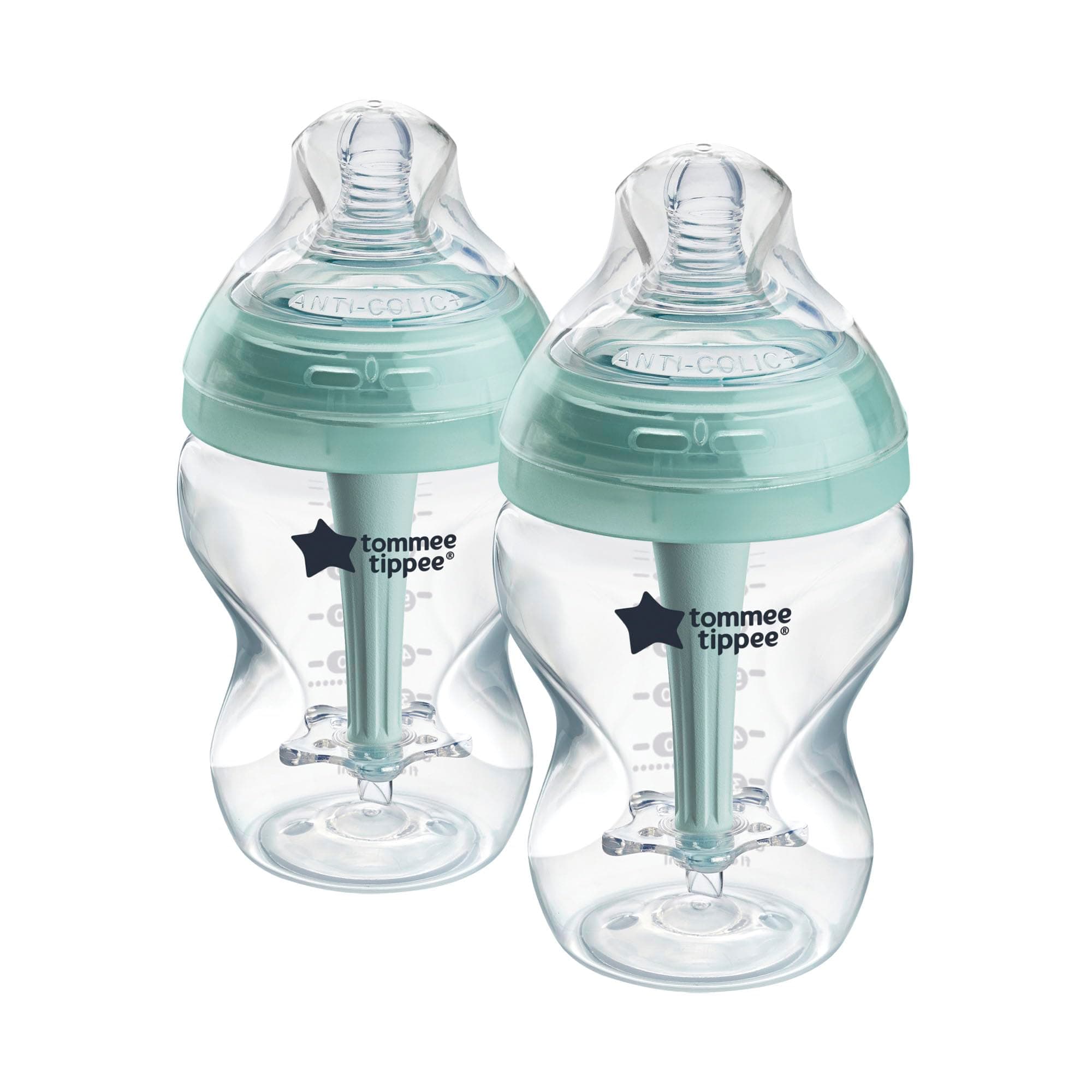 Tommee Tippee-Babyflaschen, Advanced Anti-Kolik-Flasche, 260ml, brustähnl. Sauger (langsam), belüft. Anti-Kolik-Stab, selbststeril., Zubehör, 2er-Pack