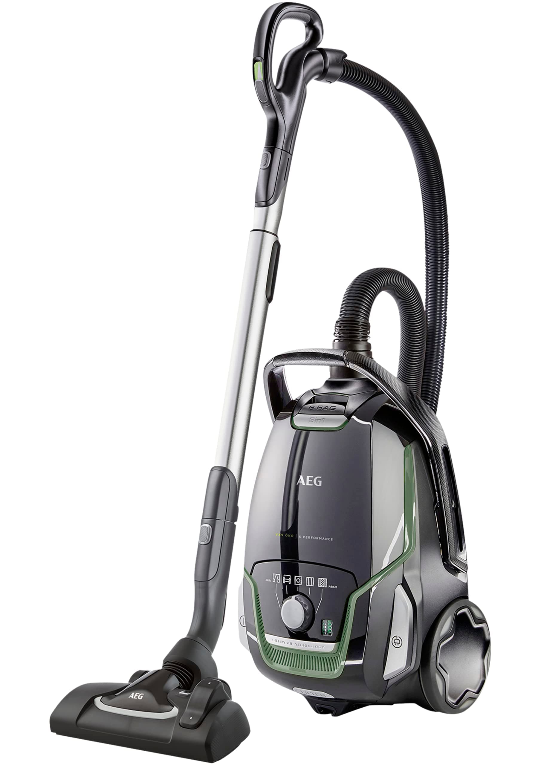 AEG Staubsauger mit Beutel, 70% Recyclingmaterial, inkl. Zusatzdüsen, 12 m, 700 Watt, nur 65 dB(A), 5 l Staubbeutelvolumen, Waschbarer Filter, Neue Technische Version, schwarzgrün, VX9-2-ÖKO
