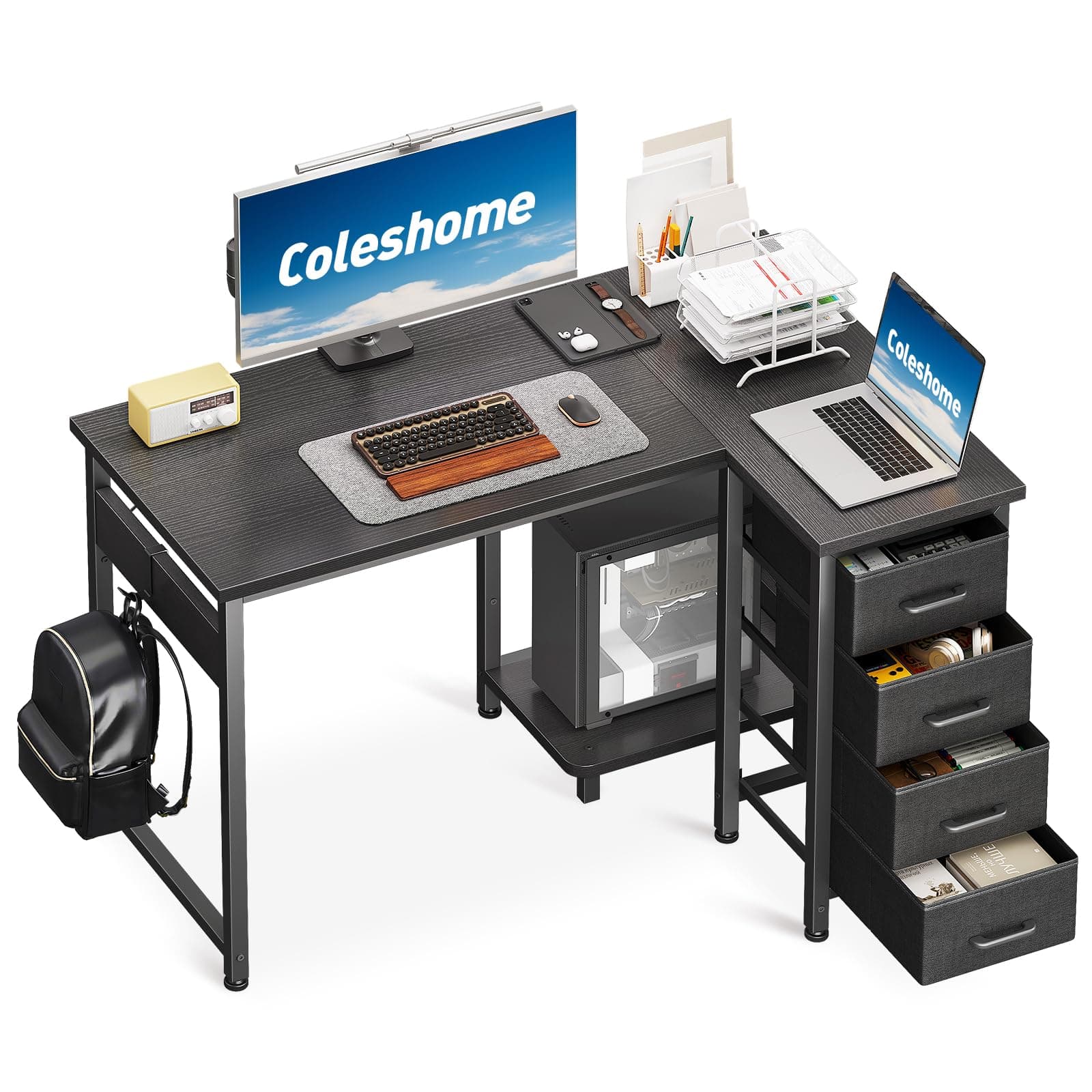 Coleshome Escritorio Esquinero con 4 Cajones de Tela, 100x70cm Escritorio en L Reversible con Almacenamiento y Estanteria, Mesa Escritorio para Oficina en Casa y Dormitorio, Negro