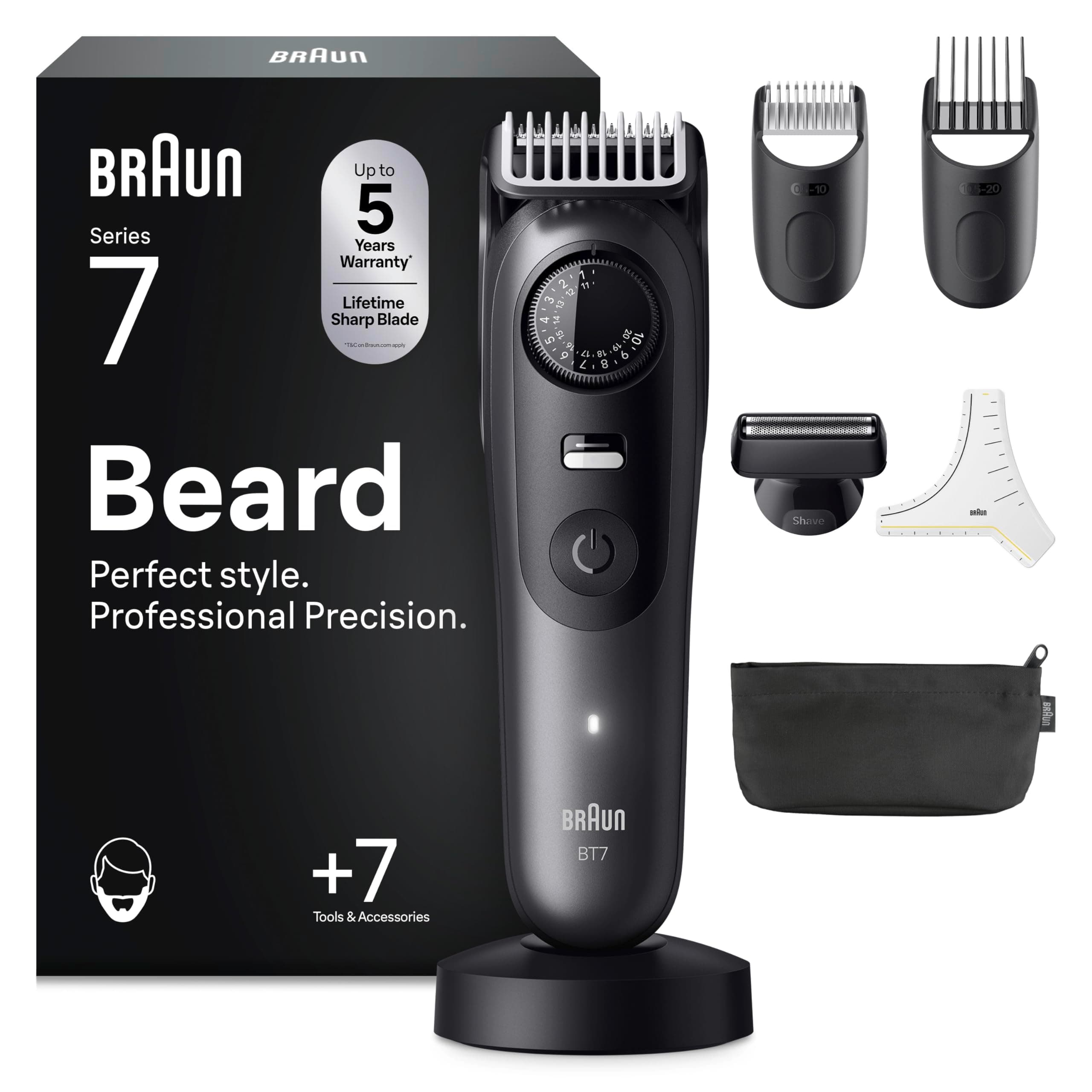 Braun Regolabarba Uomo Series 7, Rasoio Elettrico Barba, +7 Strumenti Da Barbiere, Lama ProBlade Affilata a Vita, 120 Min Autonomia, Impermeabile, Selettore Di Precisione 40 Lughezze, BT7525, Grigio