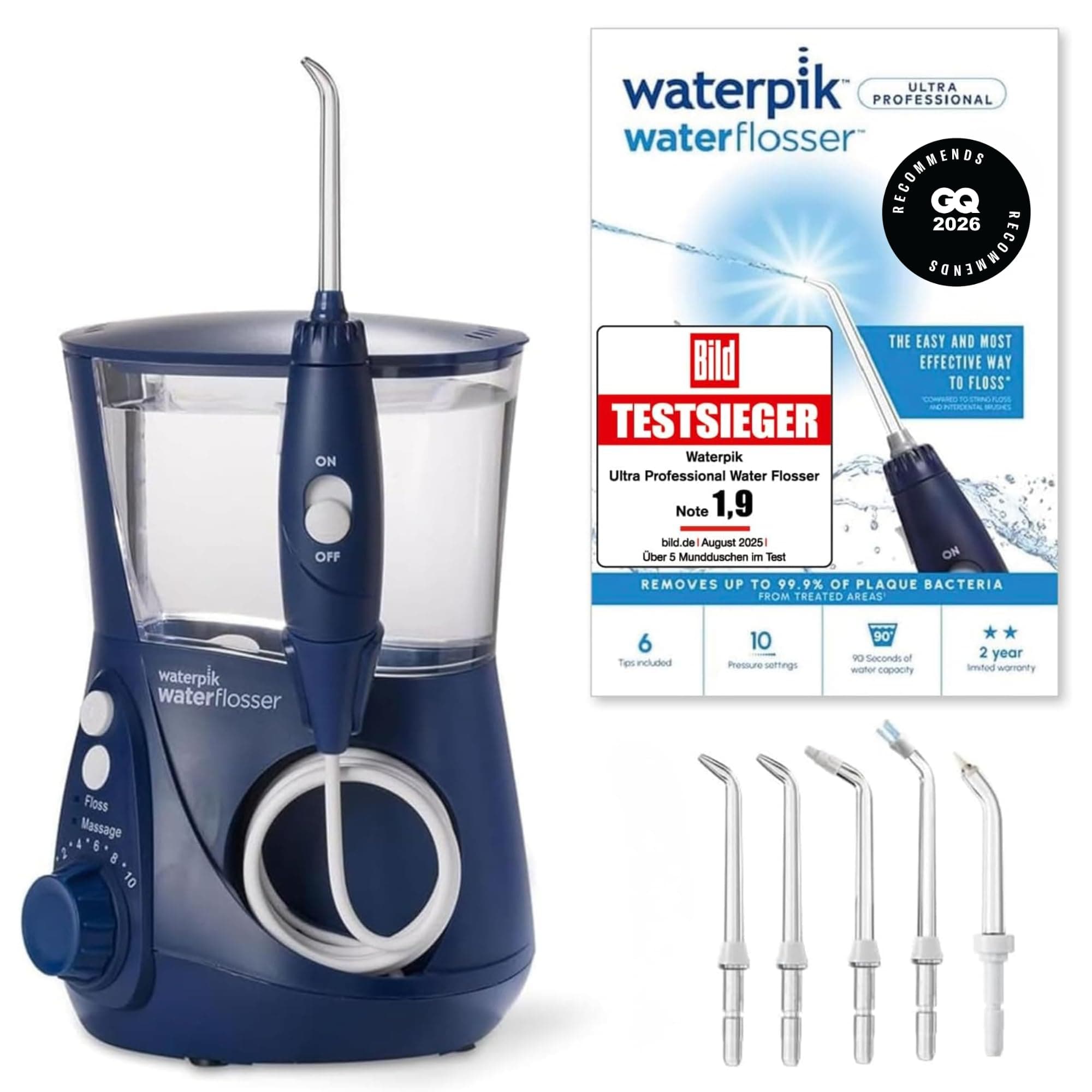 Waterpik Ultra Professional Munddusche, Testsieger 2025, Precision Pulse Technology, TÜV Siegel, bis zu 99,9 Prozent Plaque Entfernung, 6x Aufsätze, 10x individuelle Modi, integrierter Timer, Blau