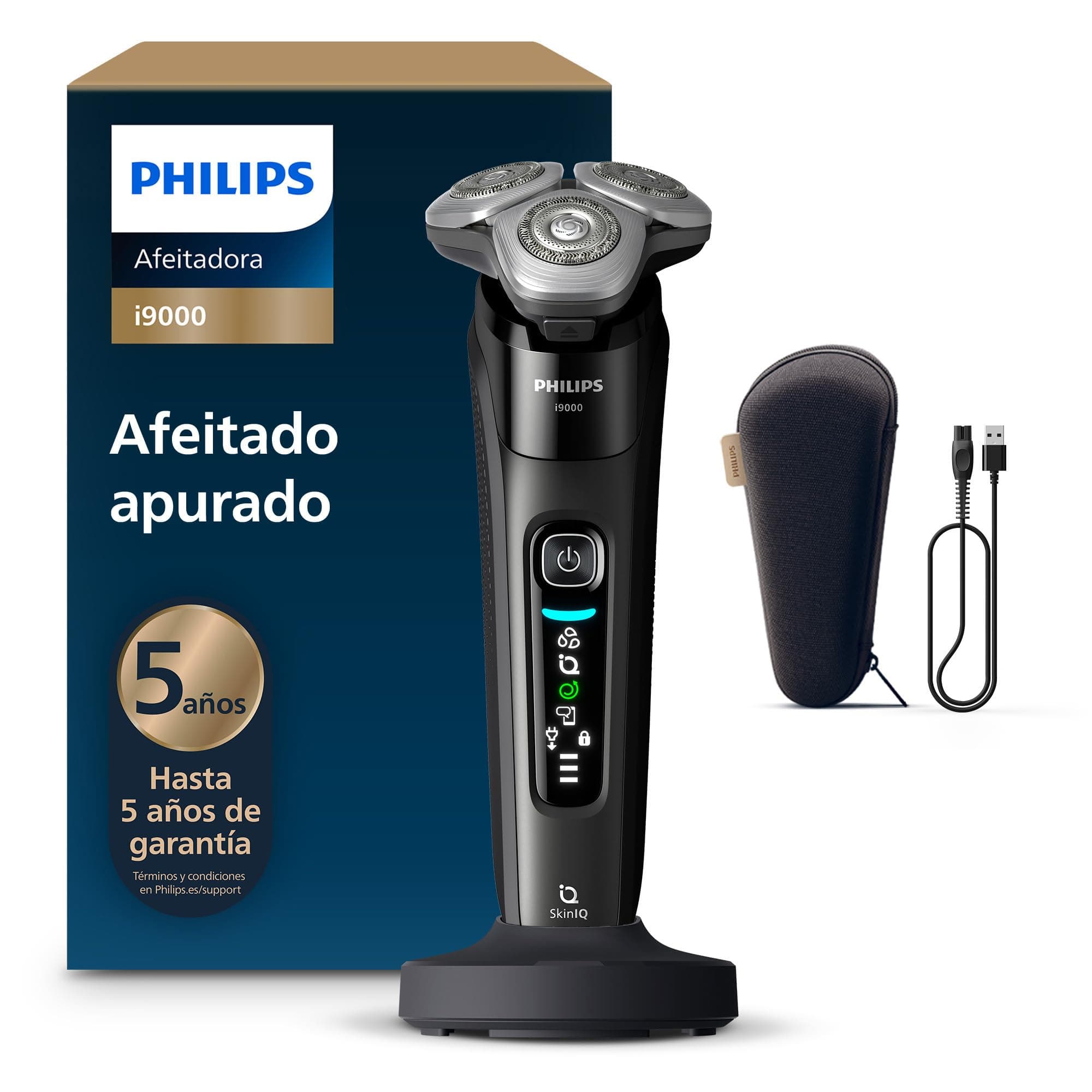 Philips i9000, Afeitadora Eléctrica Hombre, Máquina de Afeitar Barba en Seco y Mojado, Tecnología SkinIQ, Base de Carga, Recargable, Estuche de Viaje, X9000/10