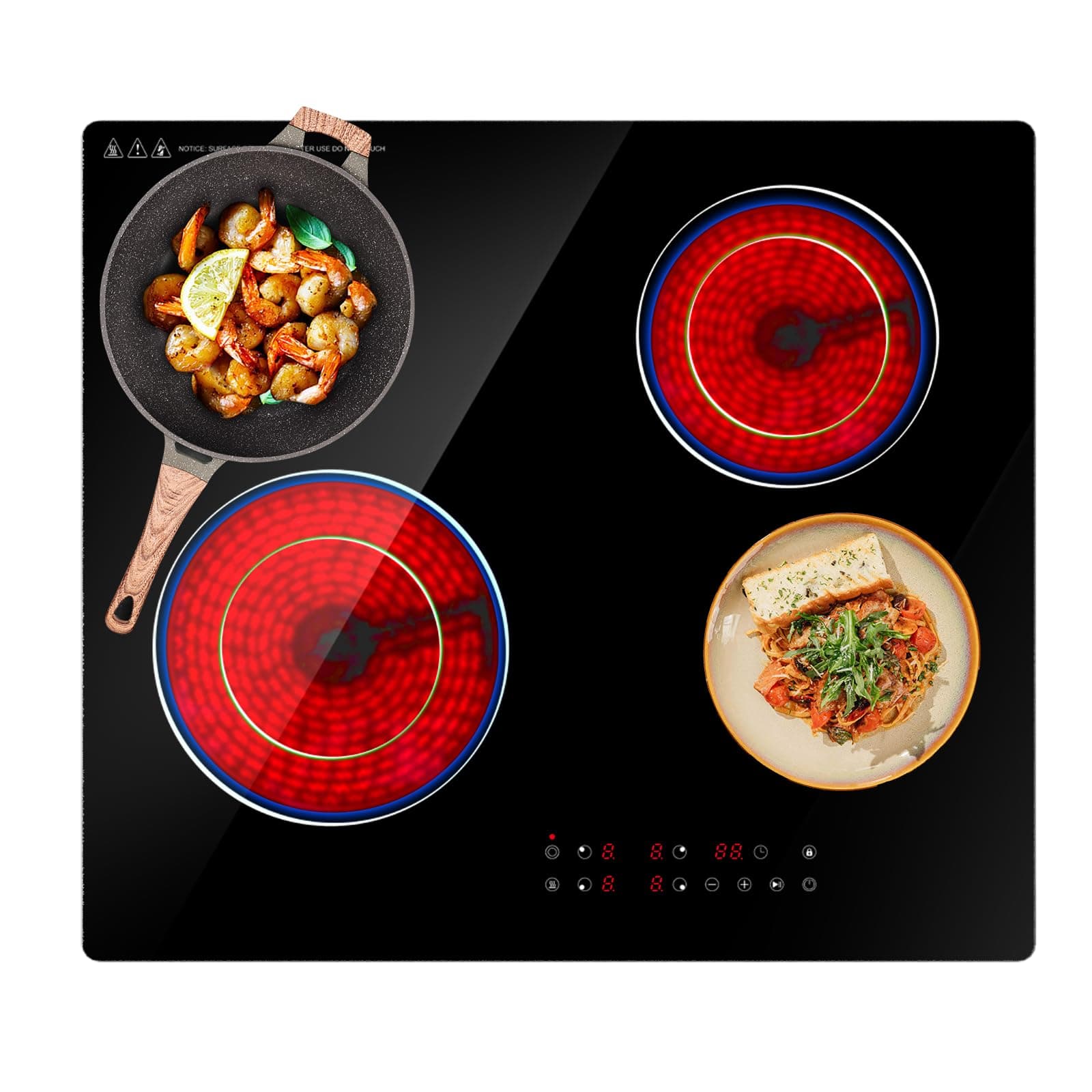 Nardea ontrol táctil – Marca Placa Vitrocerámica 4 Zonas Nardea, 6700W Empotrable Eléctrica 220V, Cristal Negro, 9 Niveles, Temporizador, Bloqueo Infantil, Apta para Todo Tipo de Ollas