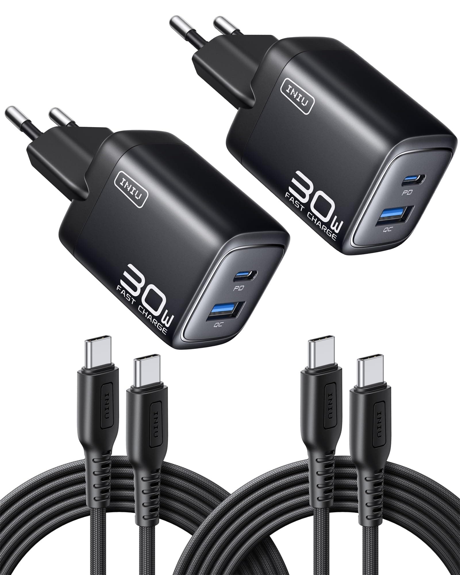INIU 30W USB C Ladegerät, 2 Stück [USBC + USBA] Schnellladegerät mit Kabel, GaN PD Mehrfach Netzteil, USB C Charger für iPhone 17 16 Pro Max, iPad Pro, MacBook Air, Galaxy S25 S24 Ultra, Google 10 etc